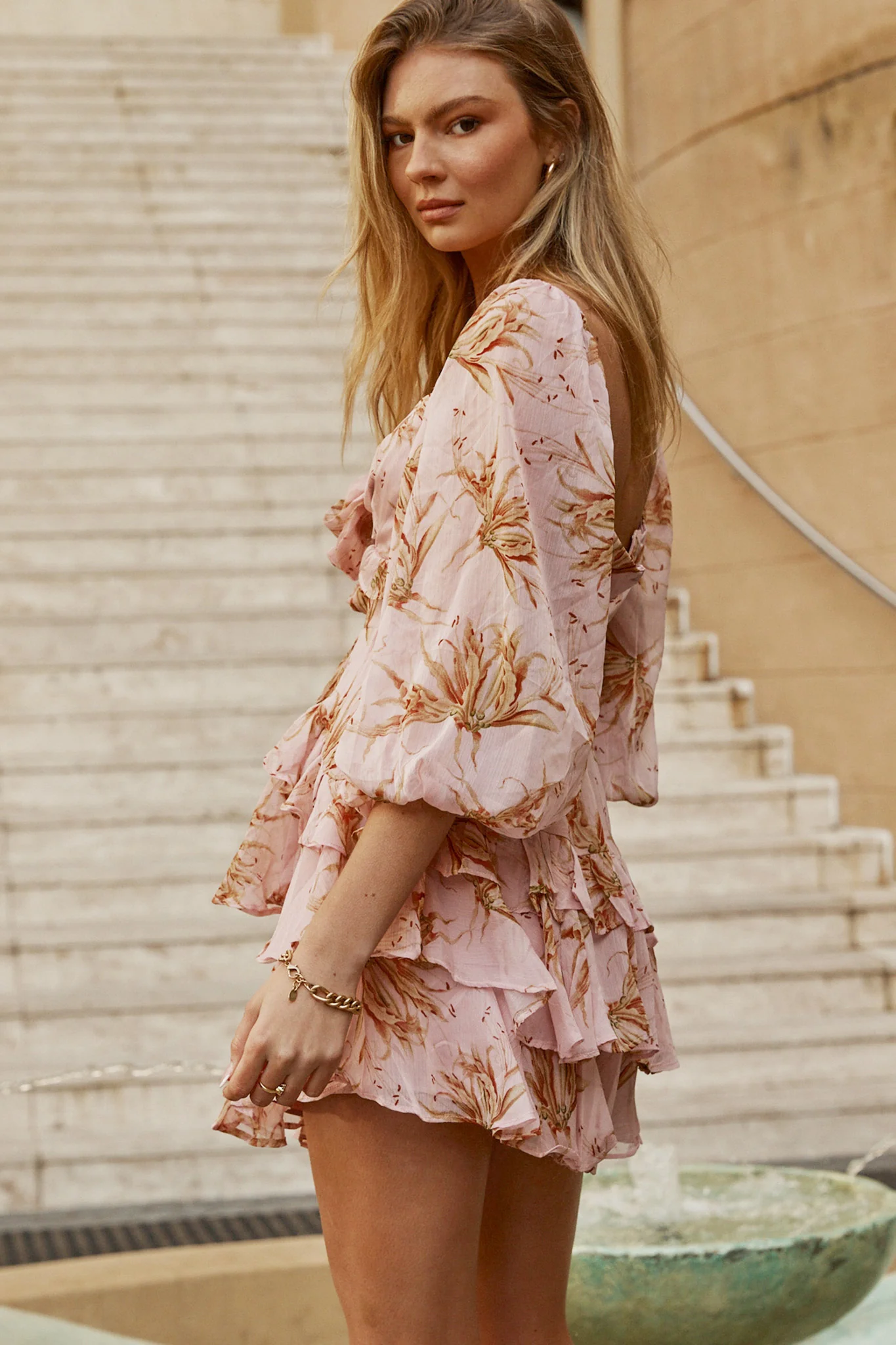 Flower Child Three Quarter Sleeve Bust Tie Ruffle Dress Lily Print Pink - Image 7