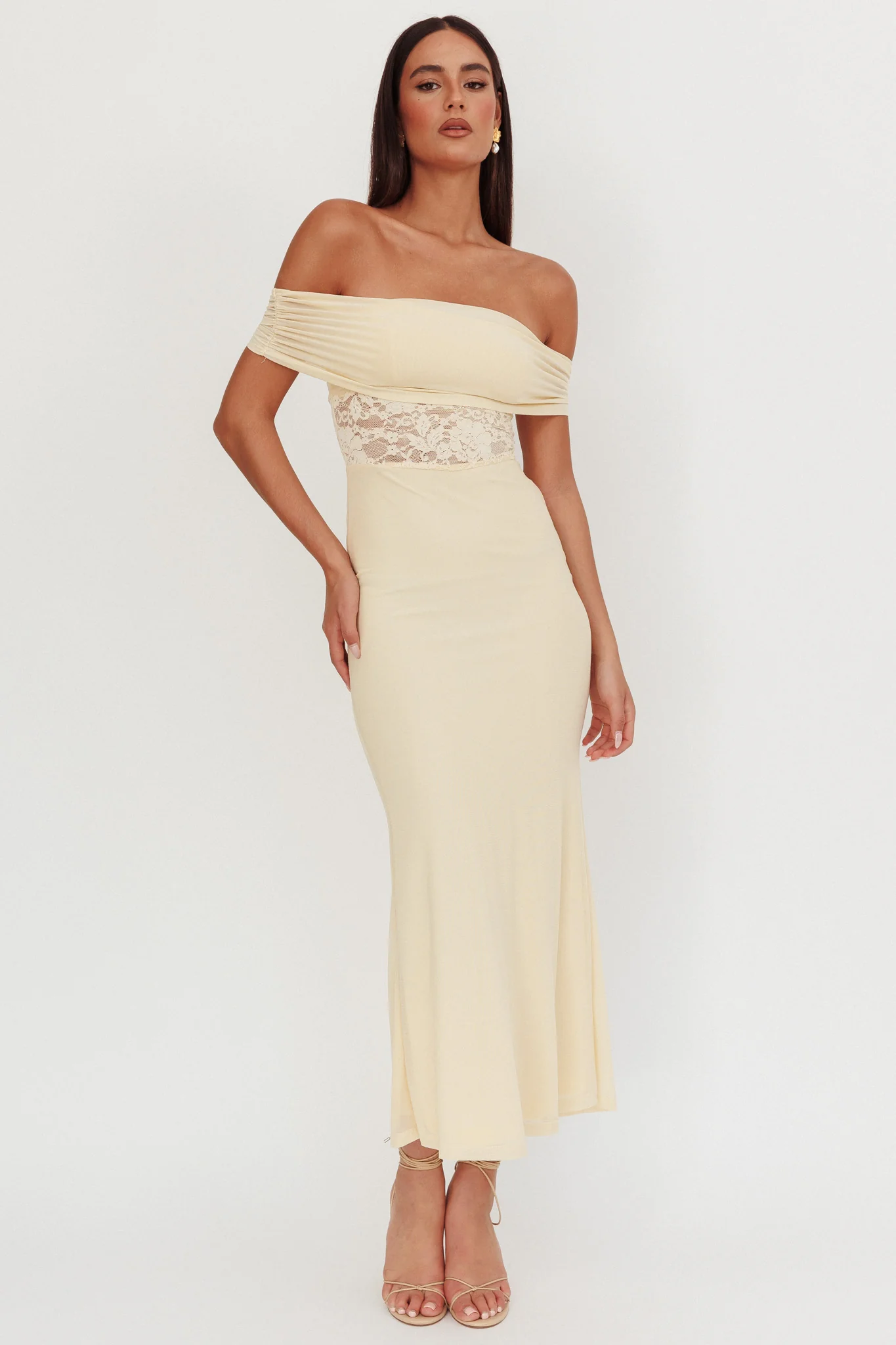 Flutters Off-Shoulder Lace Insert Maxi Dress Cream - Image 4