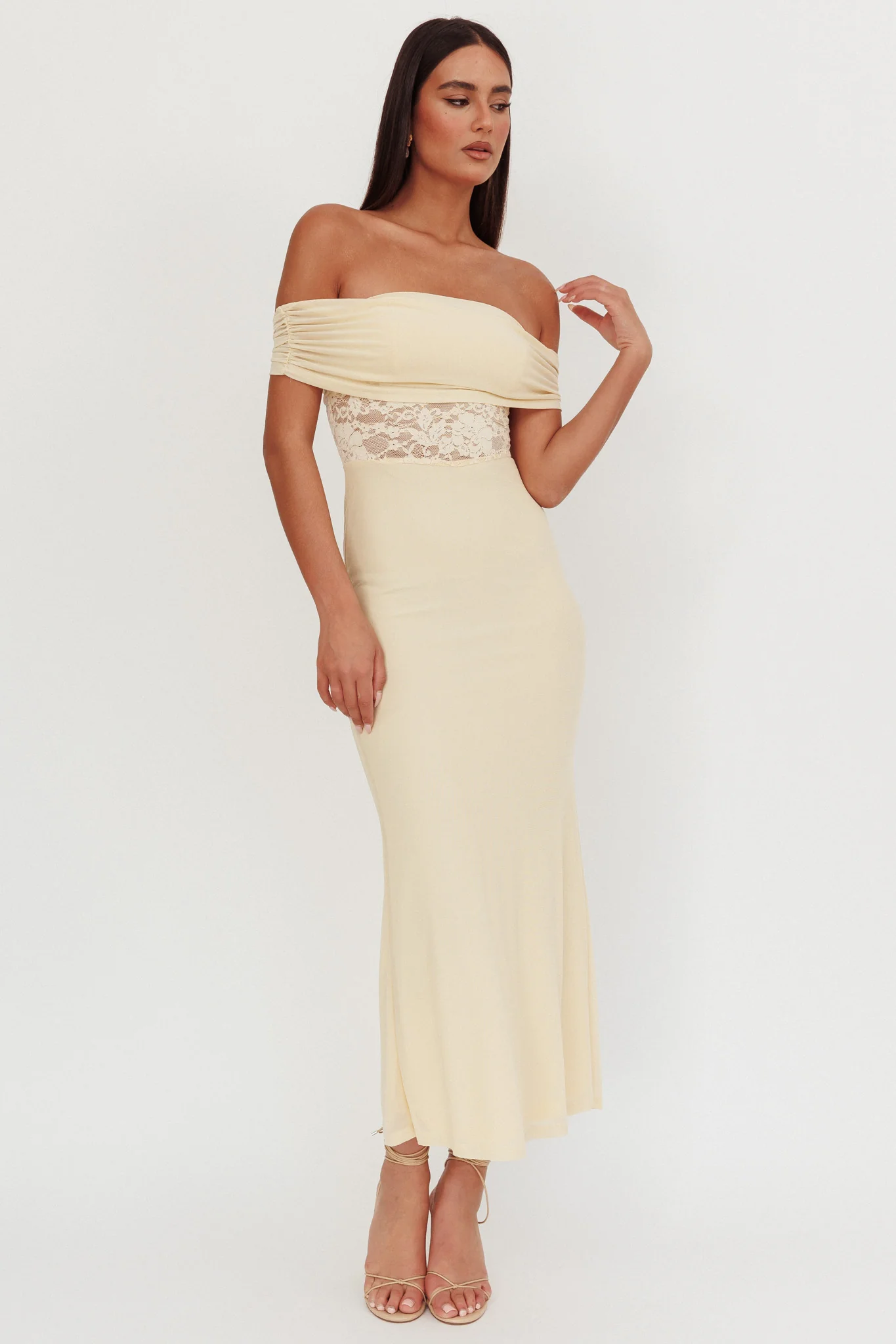 Flutters Off-Shoulder Lace Insert Maxi Dress Cream - Image 5
