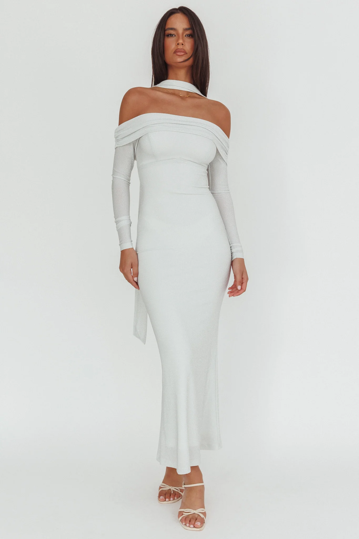 Flutters Off-Shoulder Long Sleeve Maxi Dress White - Image 2