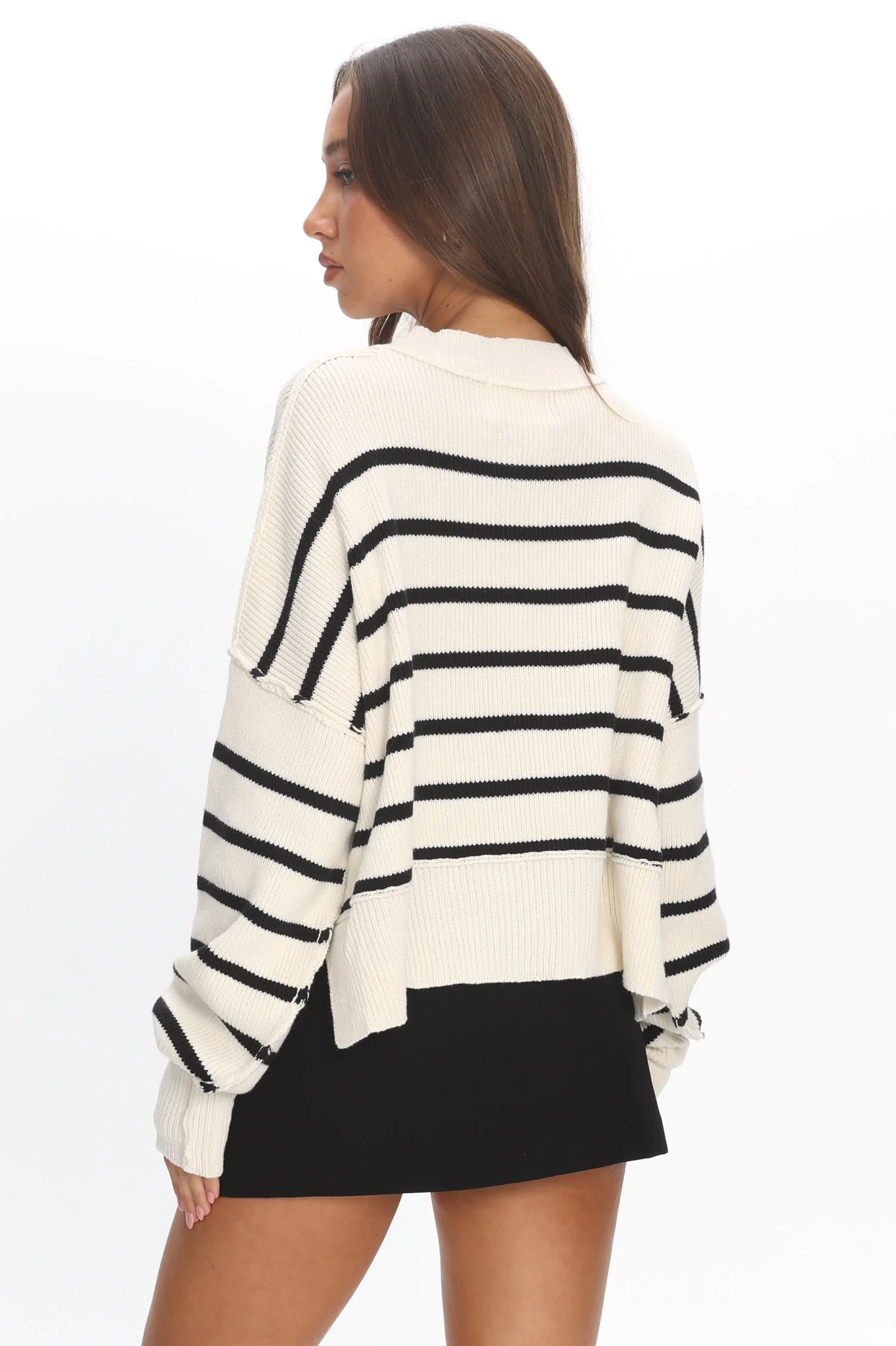 Fly High Drop Shoulder Knit Sweater Stripe Beige - Image 3