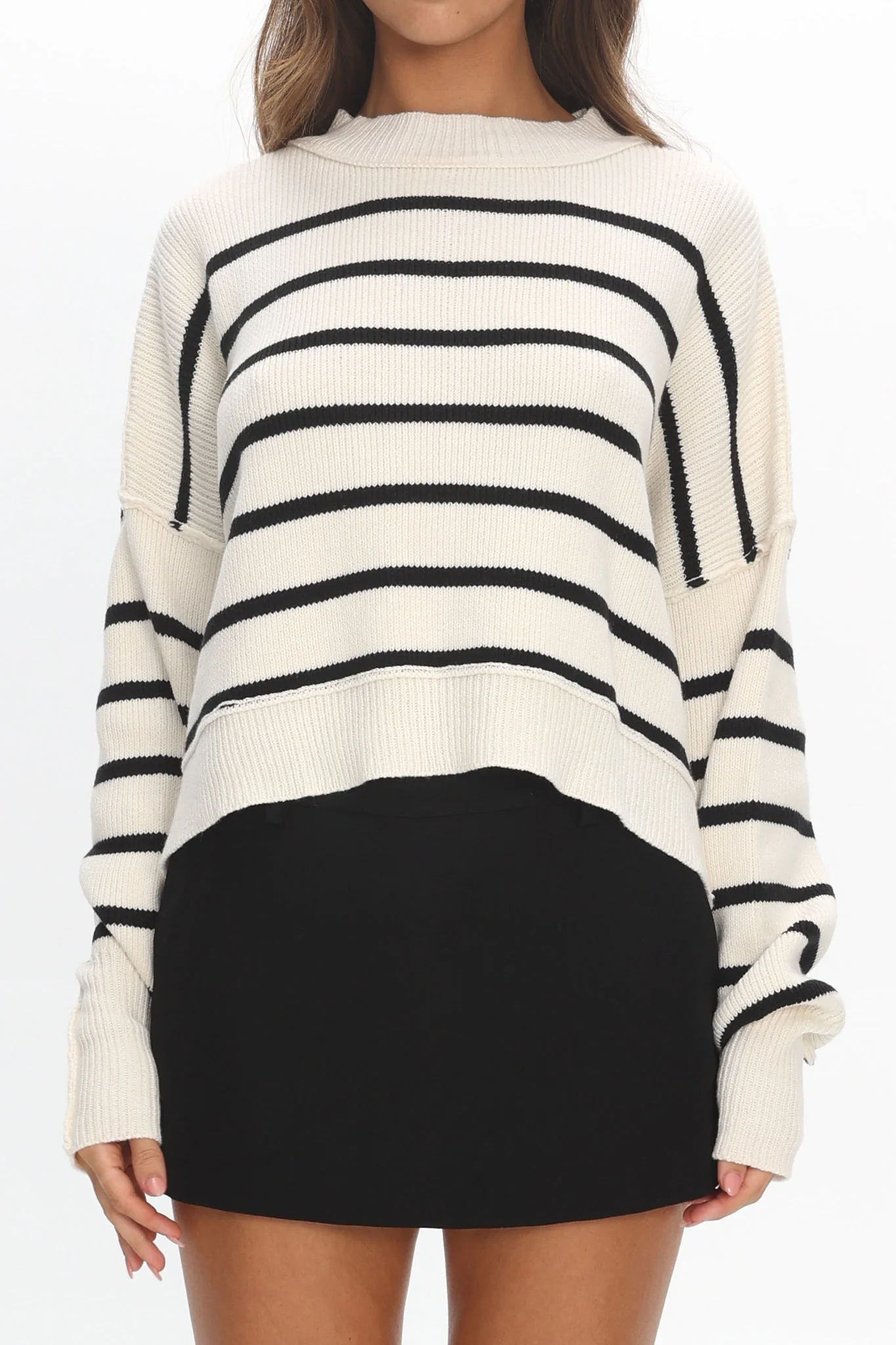 Fly High Drop Shoulder Knit Sweater Stripe Beige - Image 4