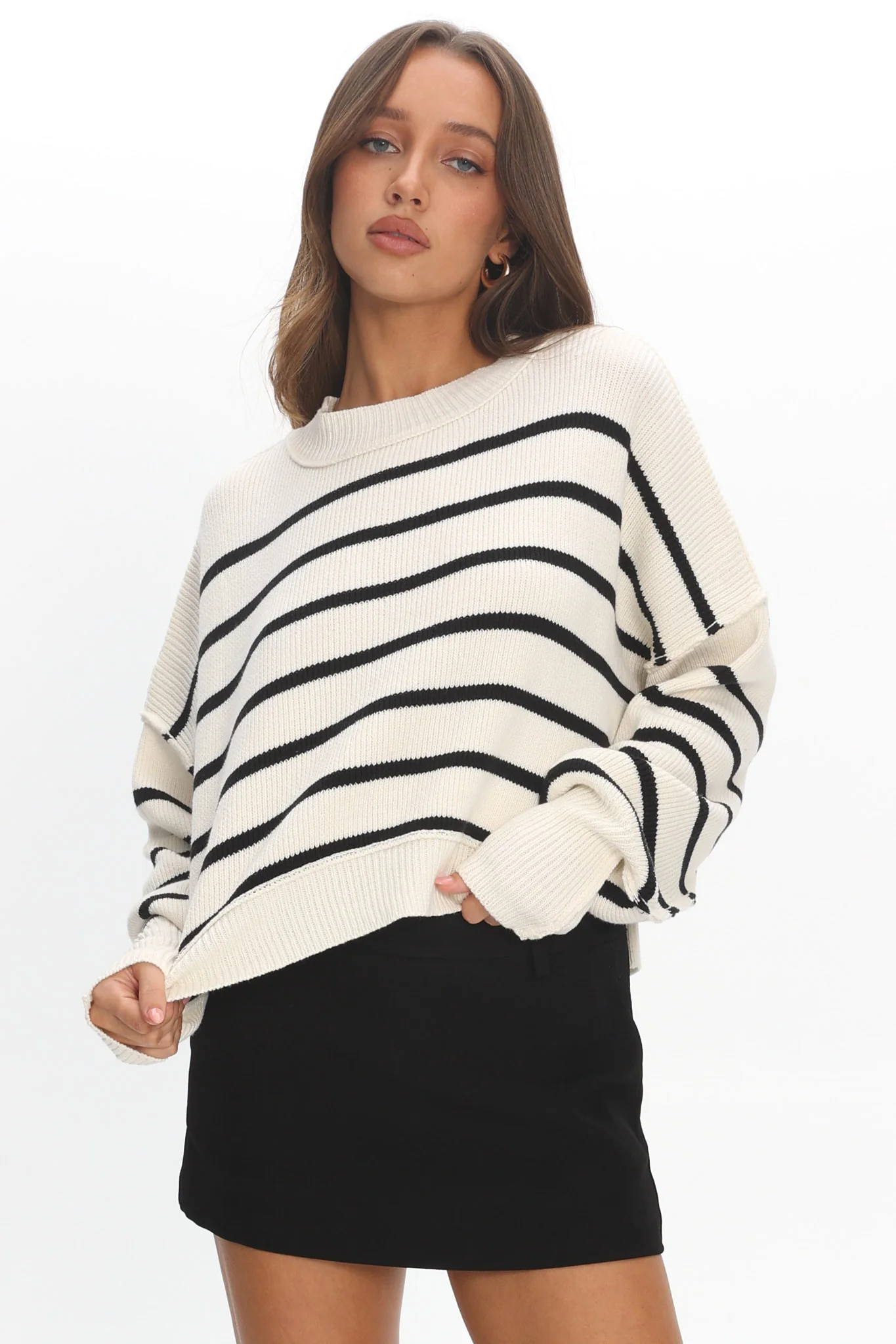 Fly High Drop Shoulder Knit Sweater Stripe Beige - Image 5