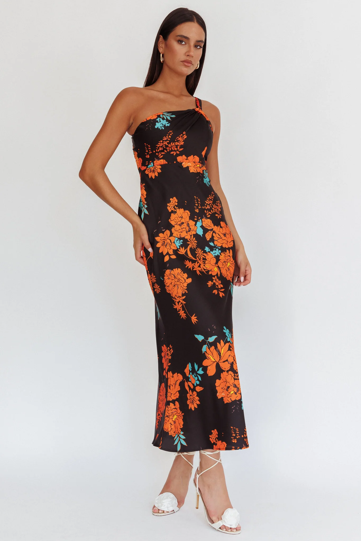 Fly Love Satin One Shoulder Maxi Dress Floral Black - Image 2