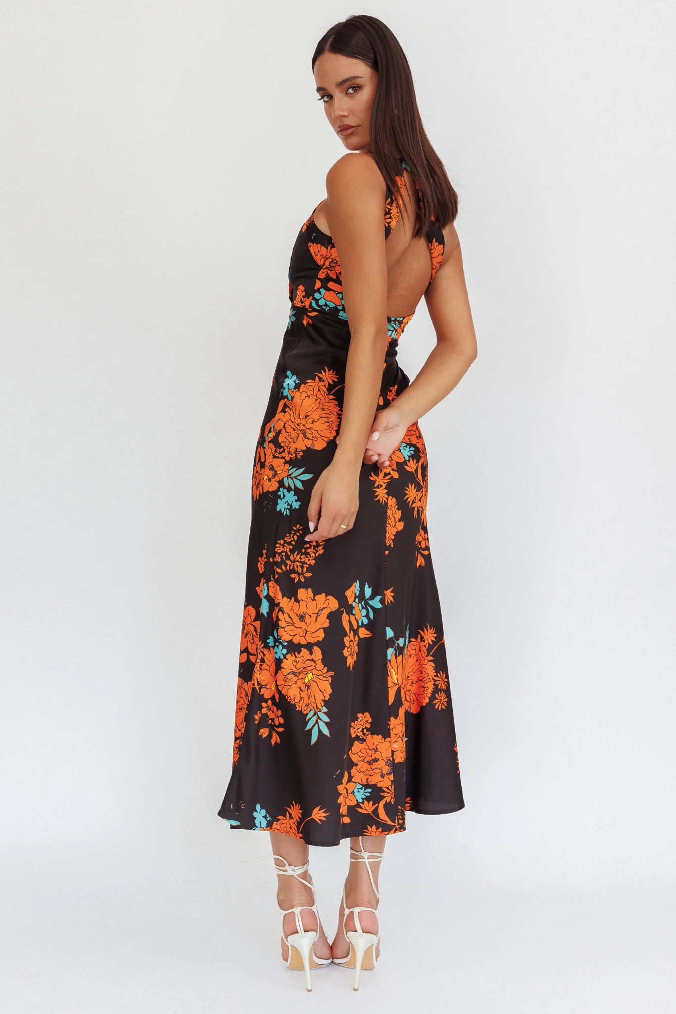 Fly Love Satin One Shoulder Maxi Dress Floral Black - Image 3