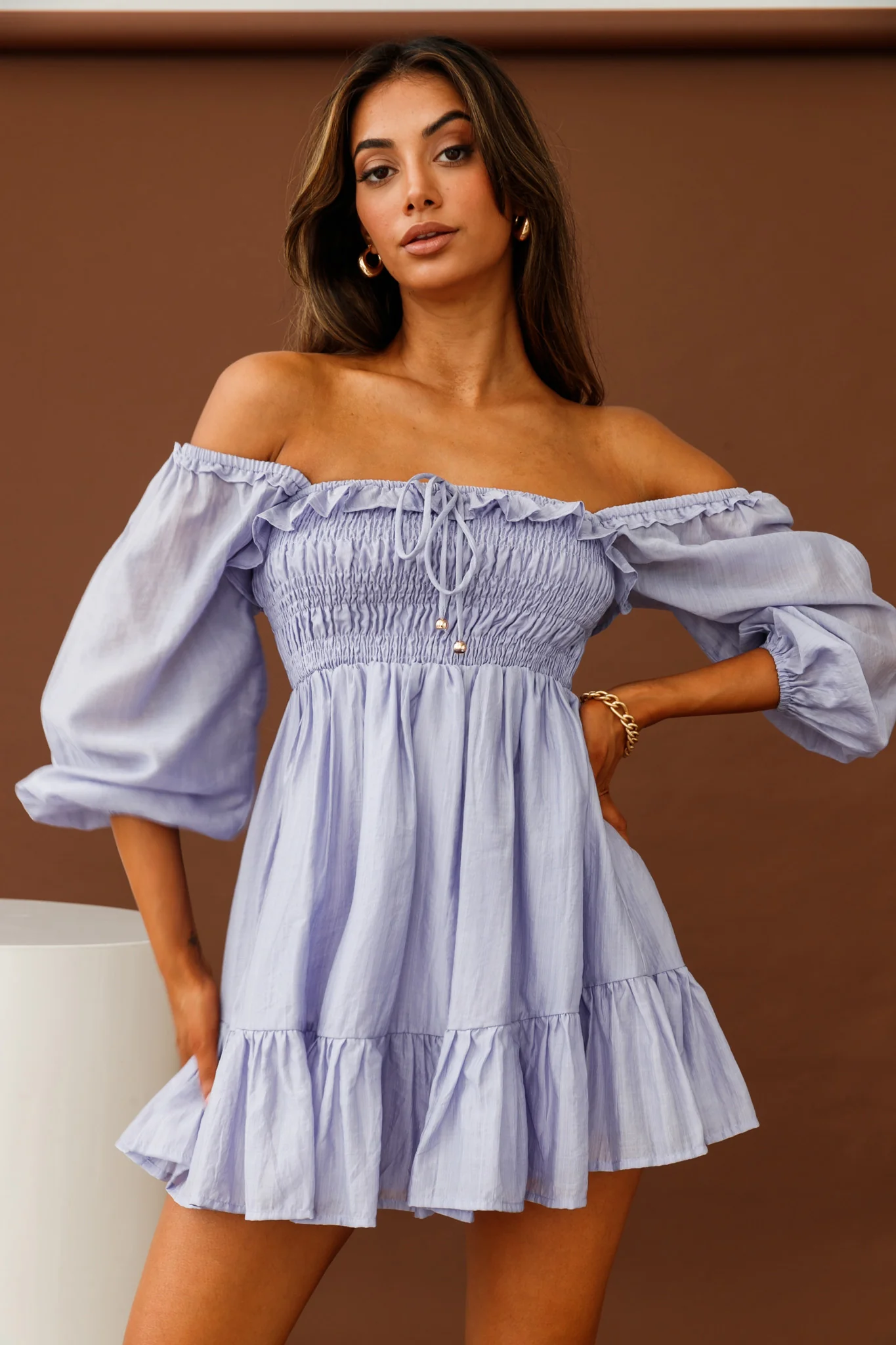 Flynn Balloon Sleeve Shirred Bust Mini Dress Lavender - Image 4