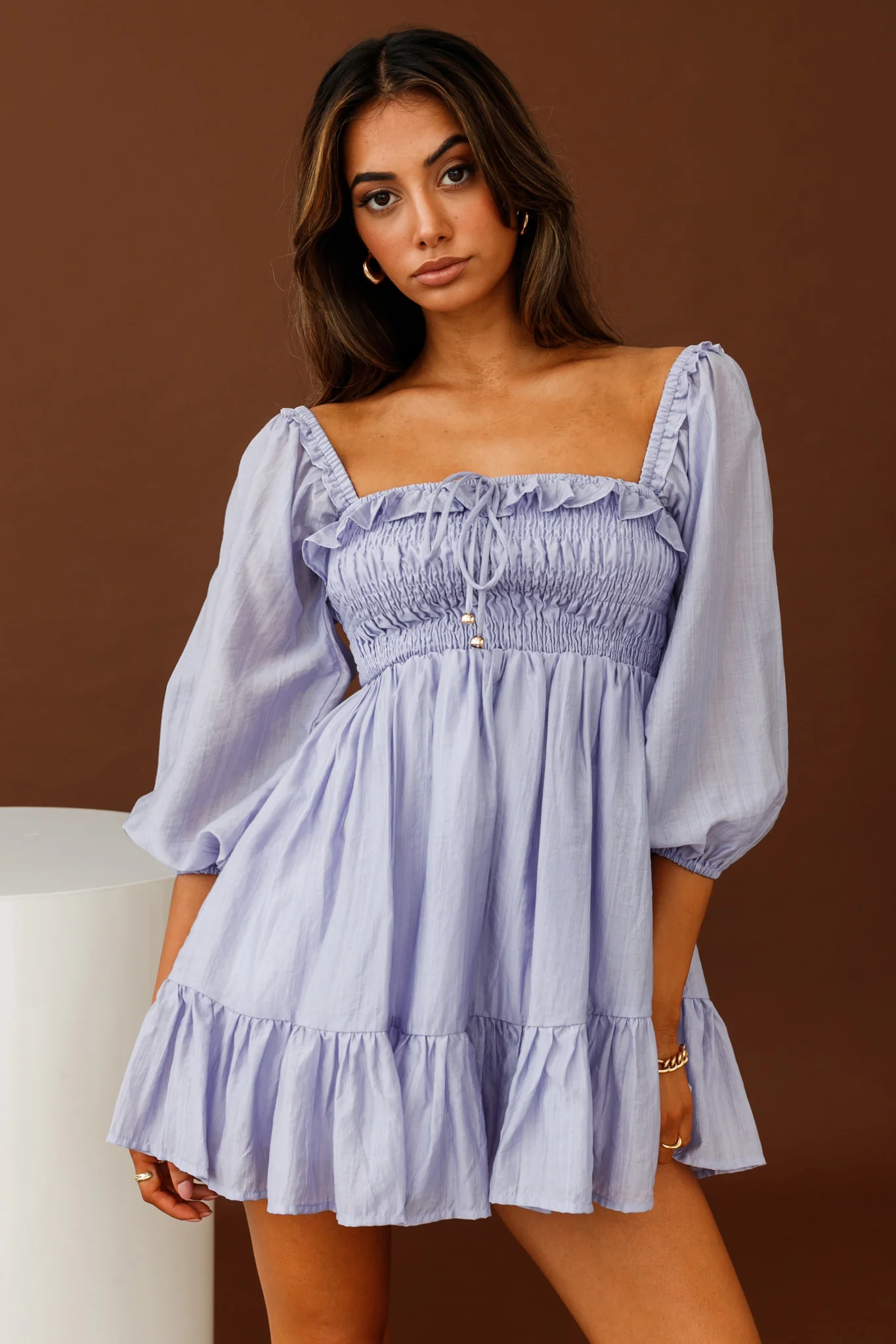 Flynn Balloon Sleeve Shirred Bust Mini Dress Lavender - Image 7