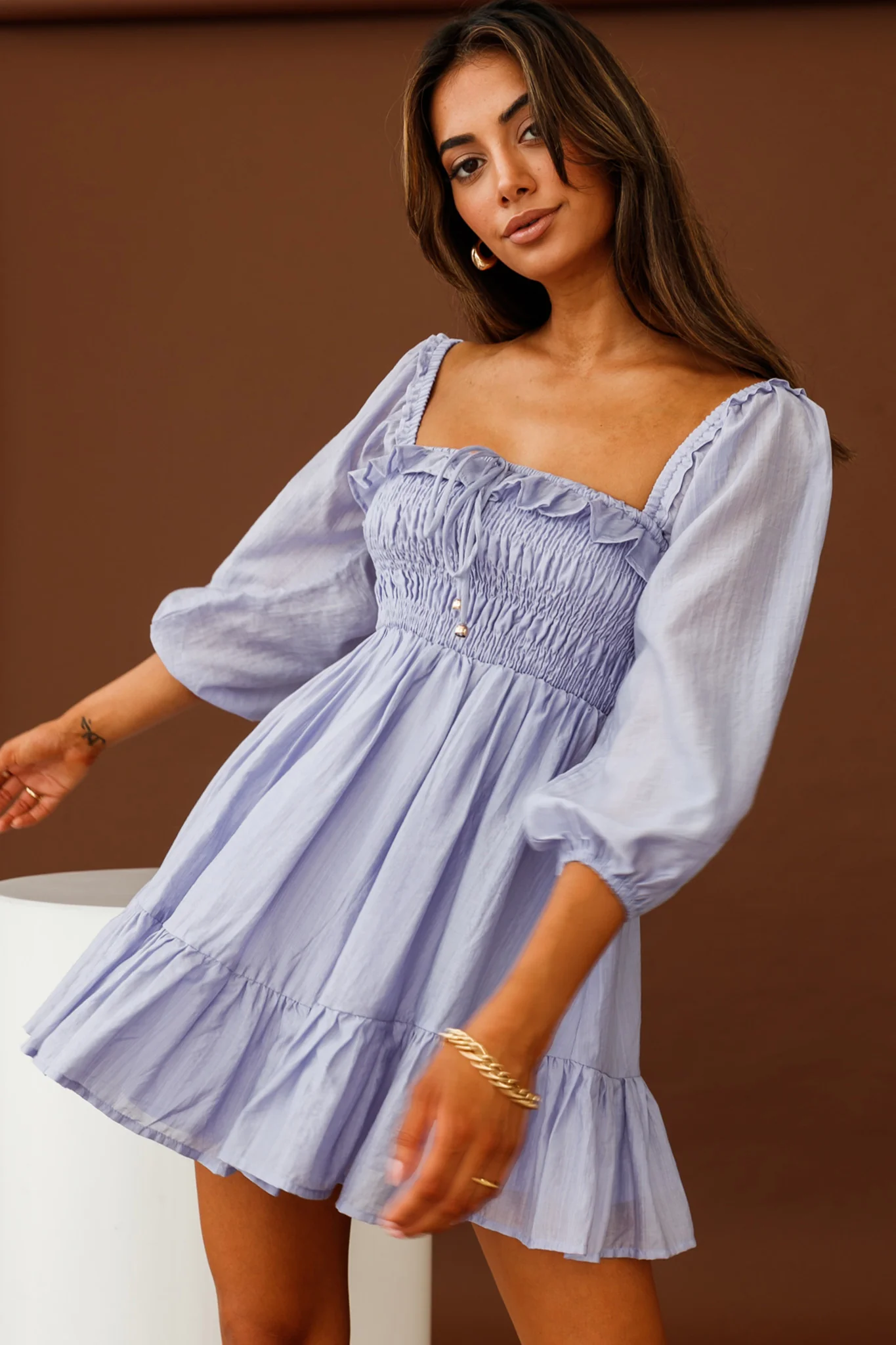 Flynn Balloon Sleeve Shirred Bust Mini Dress Lavender - Image 9