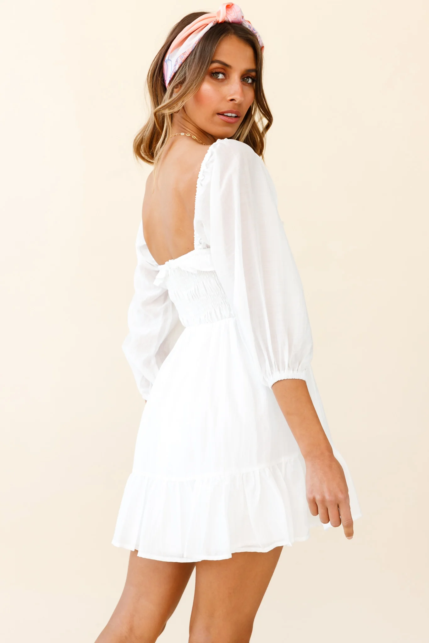 Flynn Balloon Sleeve Shirred Bust Mini Dress White - Image 3