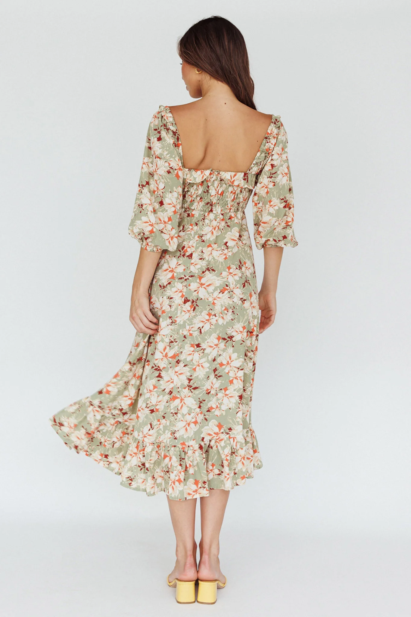 Flynn Balloon Sleeve Shirred Midi Dress Floral Green - Image 2