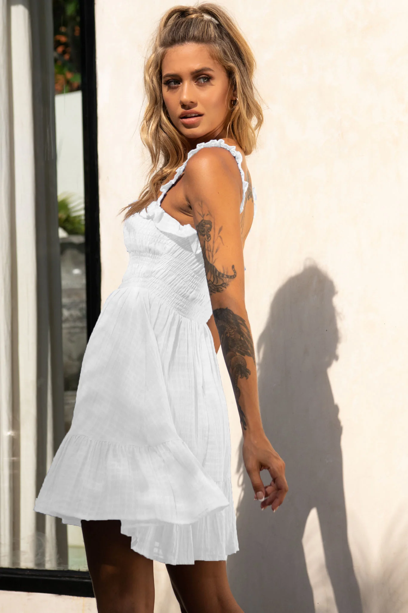 Flynn Frill Strap Shirred Bust Dress White - Image 2