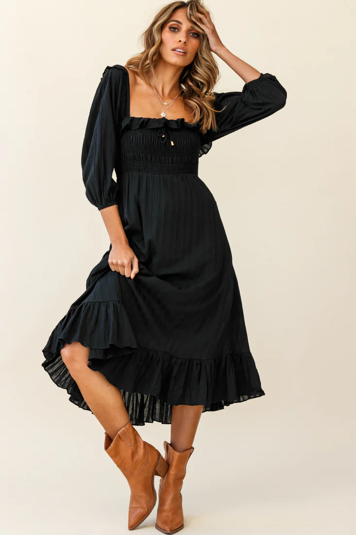 Flynn Off-Shoulder Shirred Bust Midi Dress Black - Image 2