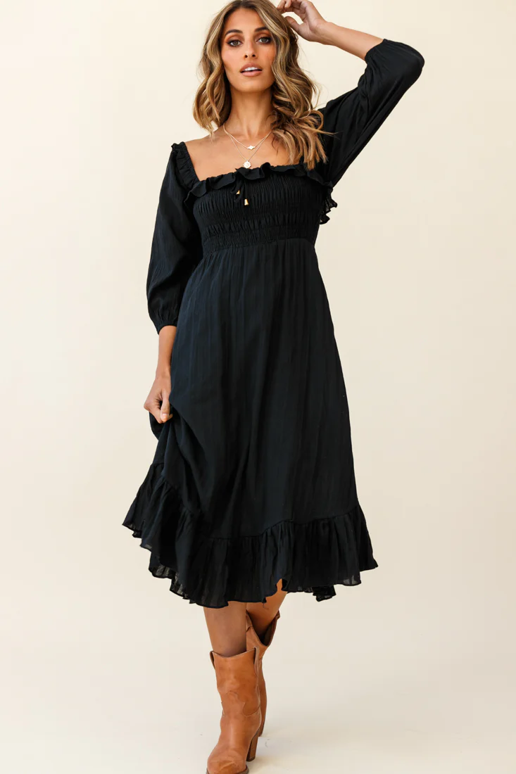 Flynn Off-Shoulder Shirred Bust Midi Dress Black - Image 5