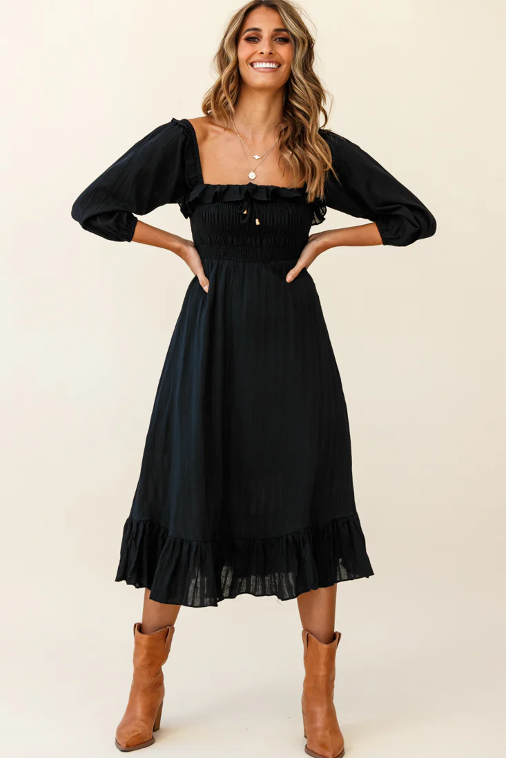 Flynn Off-Shoulder Shirred Bust Midi Dress Black - Image 6