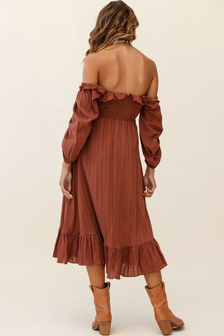 Flynn Off-Shoulder Shirred Bust Midi Dress Tan - Image 3