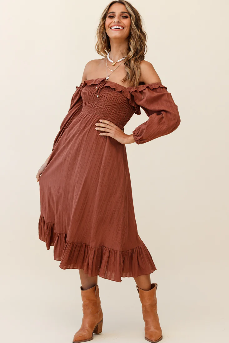 Flynn Off-Shoulder Shirred Bust Midi Dress Tan - Image 4