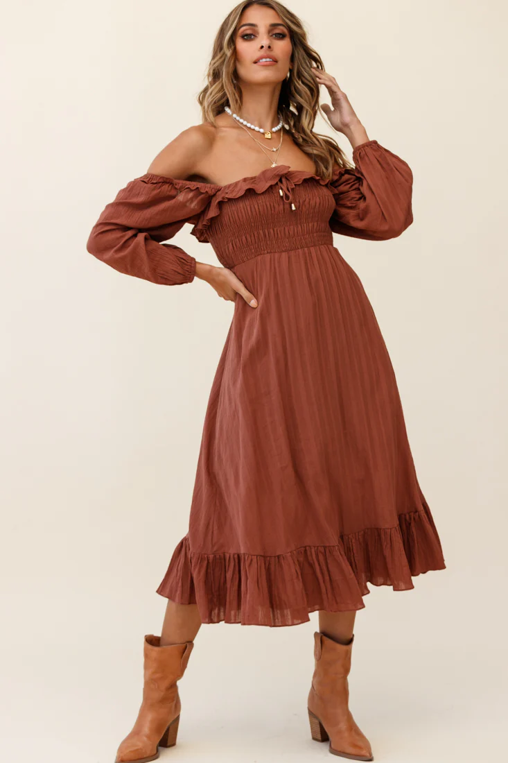 Flynn Off-Shoulder Shirred Bust Midi Dress Tan - Image 7