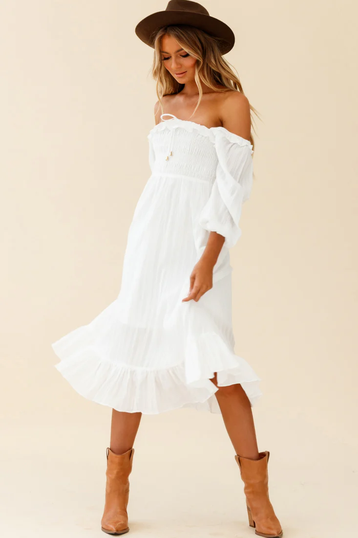 Flynn Off-Shoulder Shirred Bust Midi Dress White - Image 3