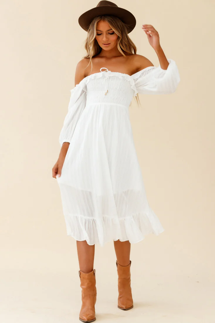 Flynn Off-Shoulder Shirred Bust Midi Dress White - Image 4
