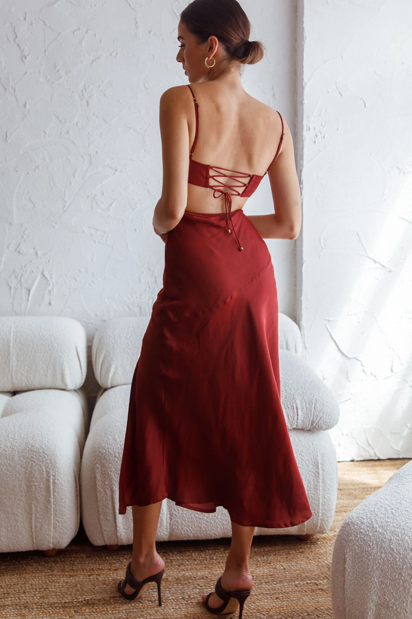 Fondest Memories Ruched Drawstring Bust Lace-Up Back Midi Dress Brown - Image 2