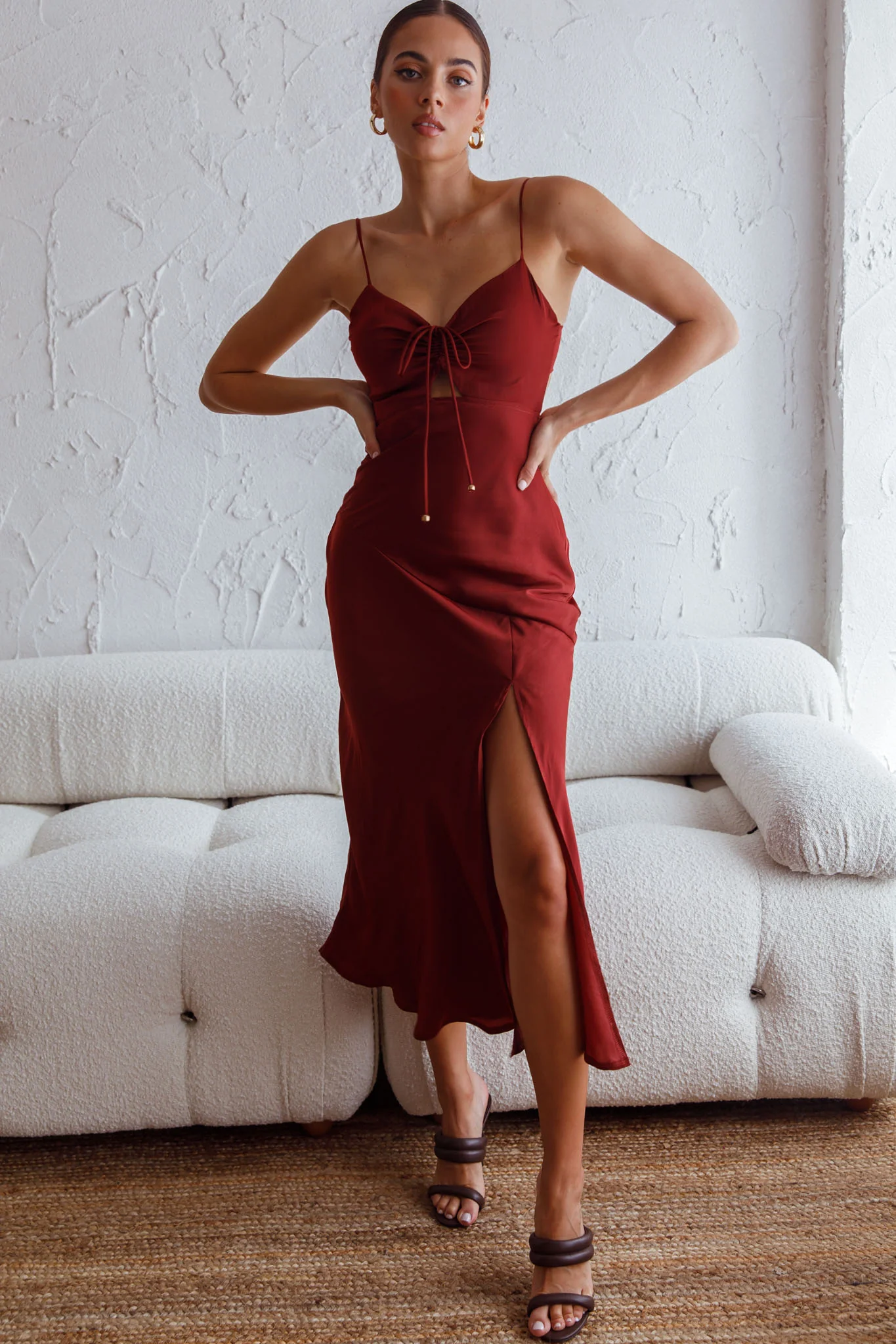 Fondest Memories Ruched Drawstring Bust Lace-Up Back Midi Dress Brown - Image 5