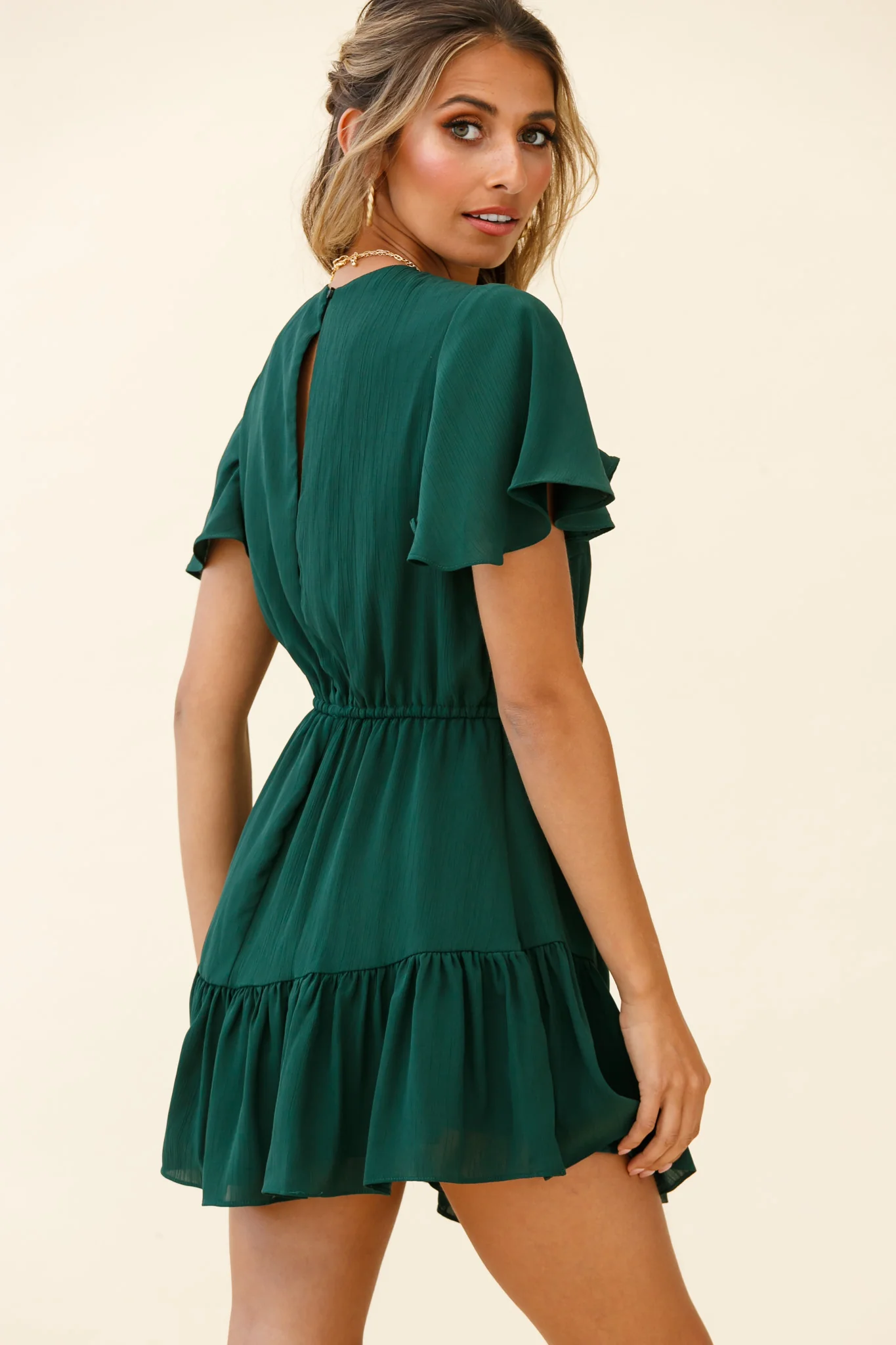 Forever Free Angel Sleeve Drawstring Waist Dress Forest Green - Image 5