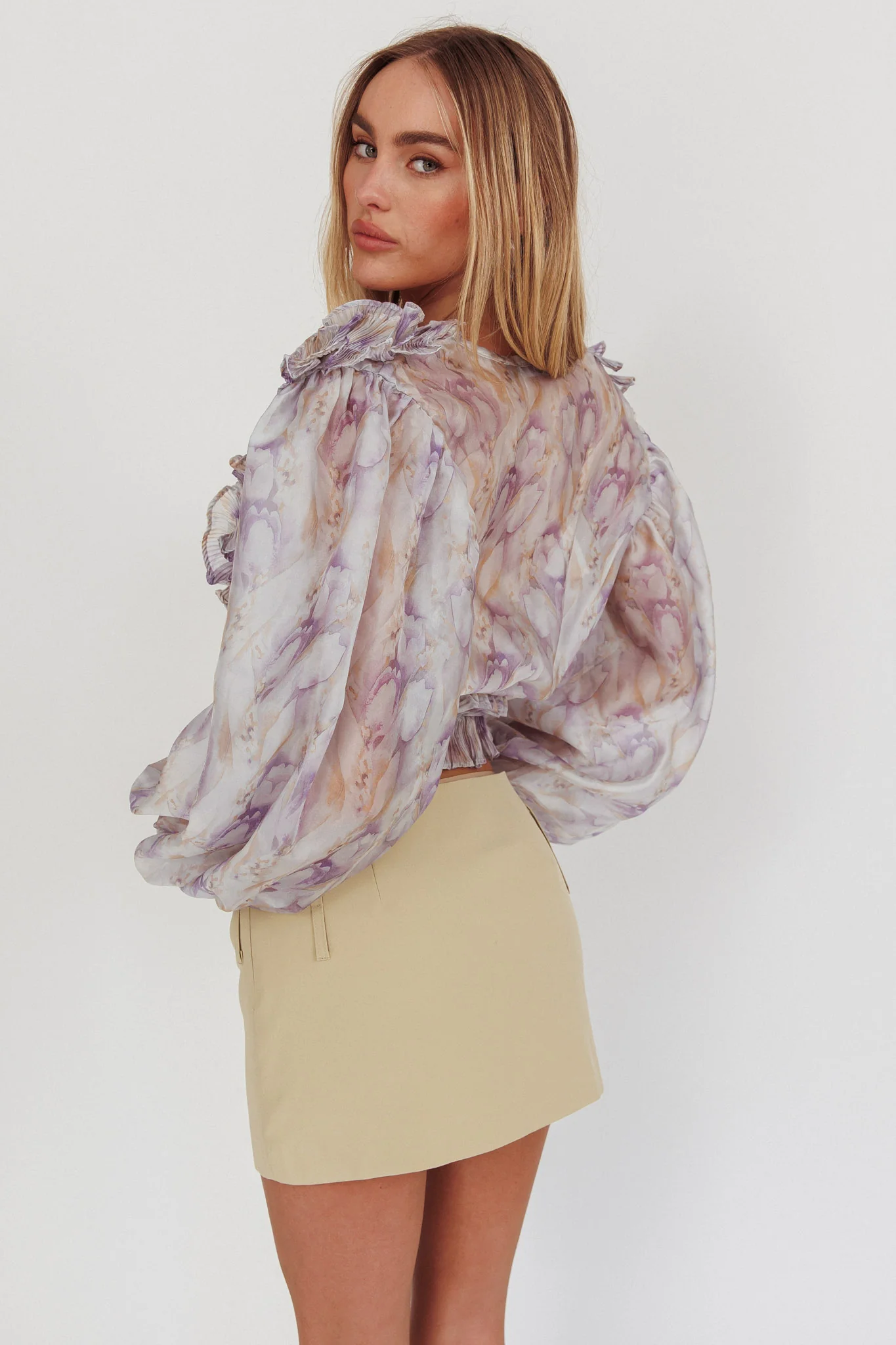 Forever Young Balloon Sleeves Cropped Blouse Purple Multi - Image 2