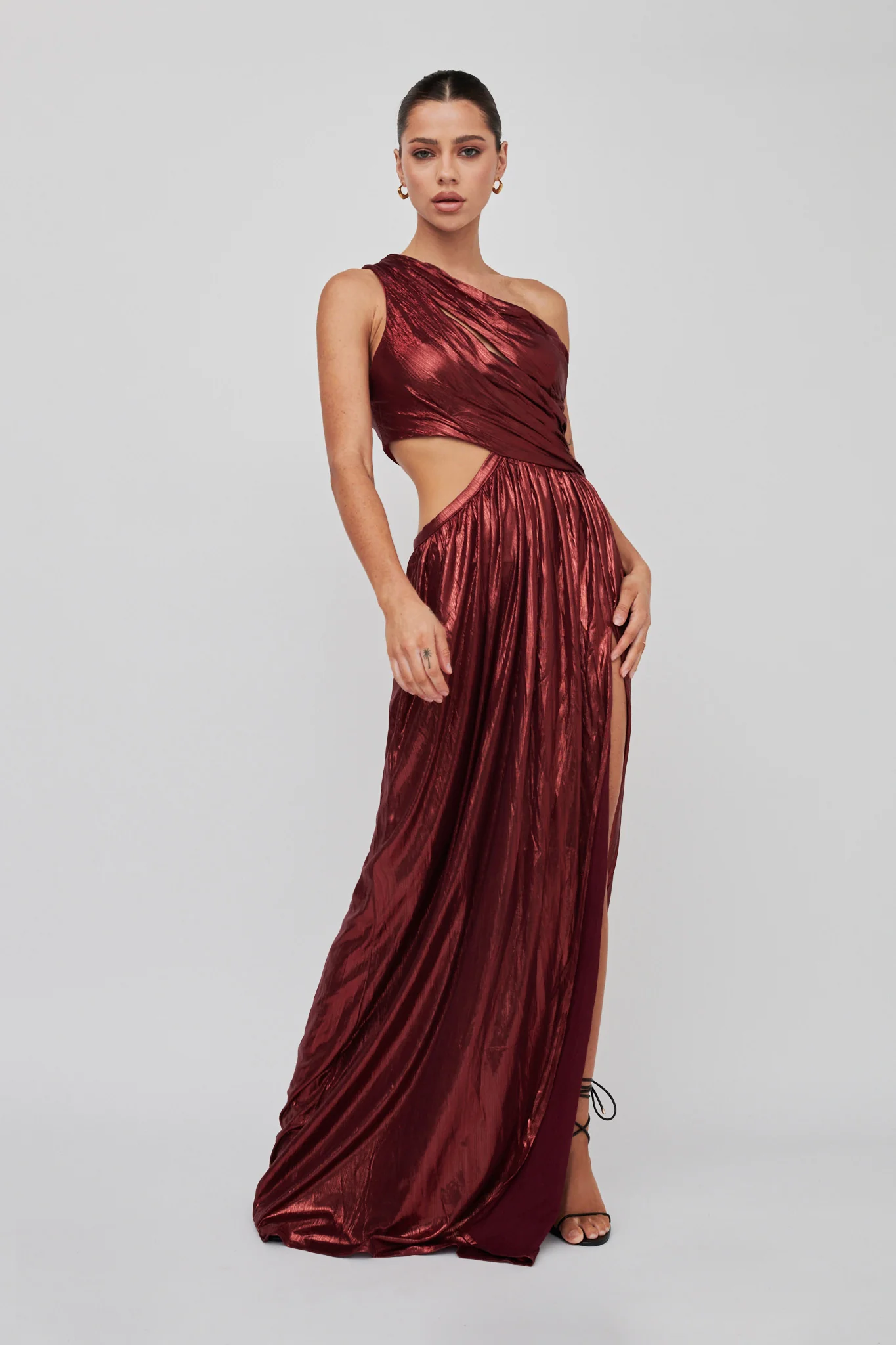 Fortuna One Shoulder Split Maxi Dress Wine - Image 3