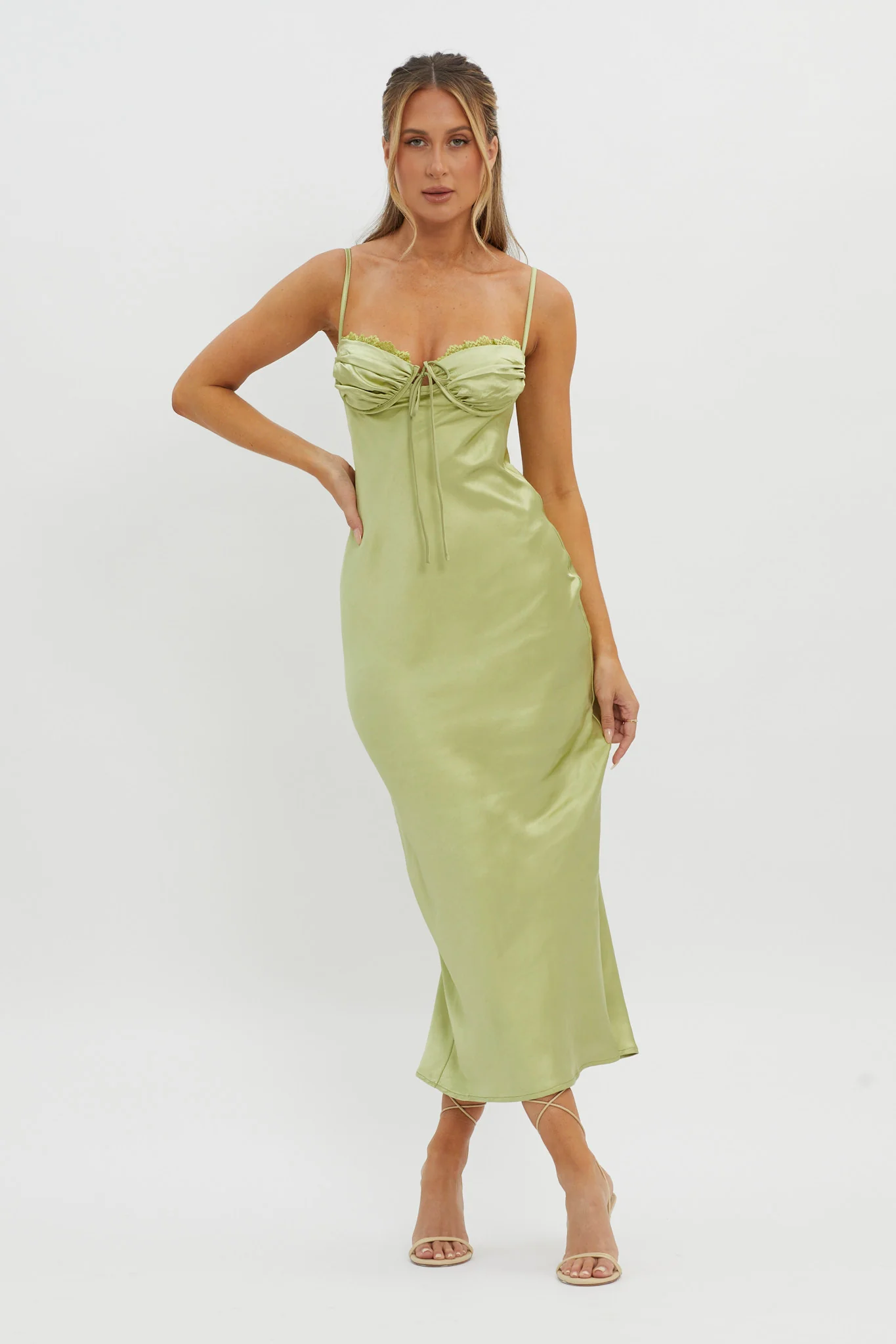 Fortune Lace Trim Bust Tie Midi Dress Lime - Image 5