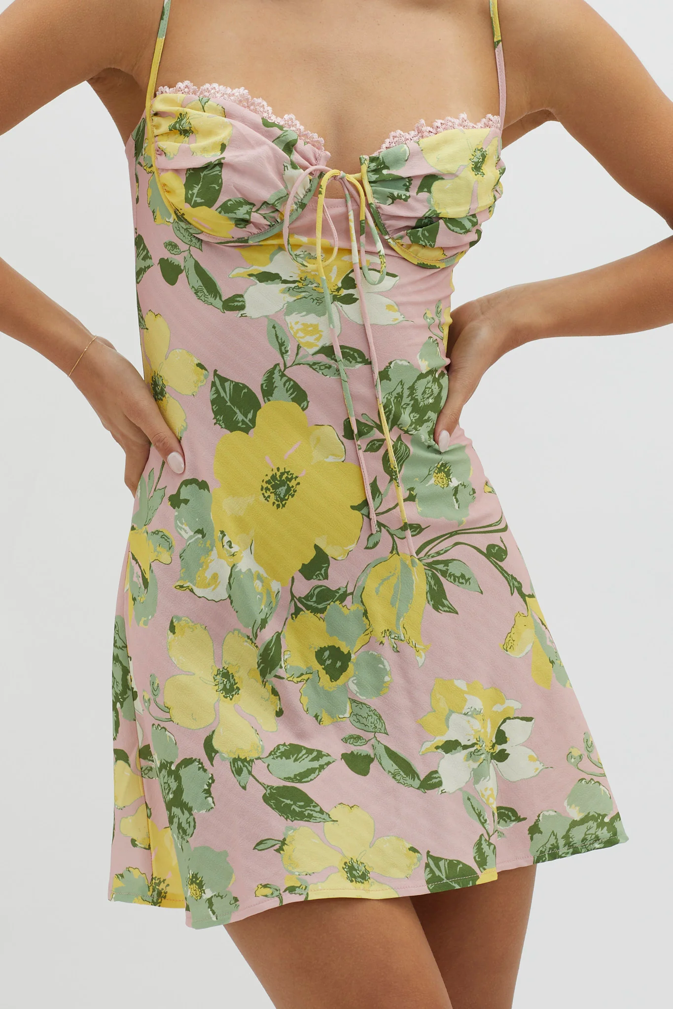 Fortune Lace Trim Bust Tie Mini Dress Floral Pink - Image 4