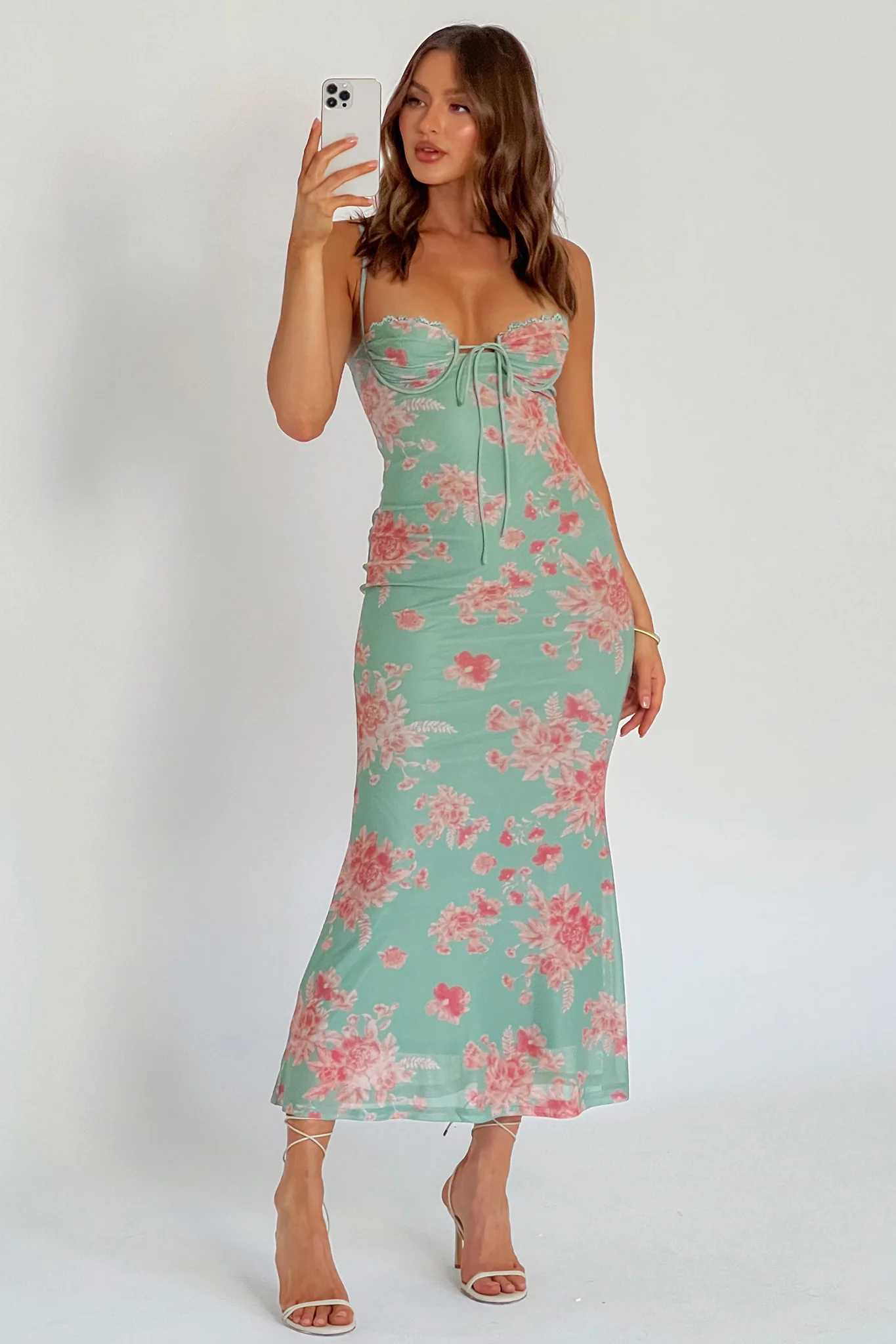 Fortune Lace Trim Mesh Midi Dress Green - Image 2