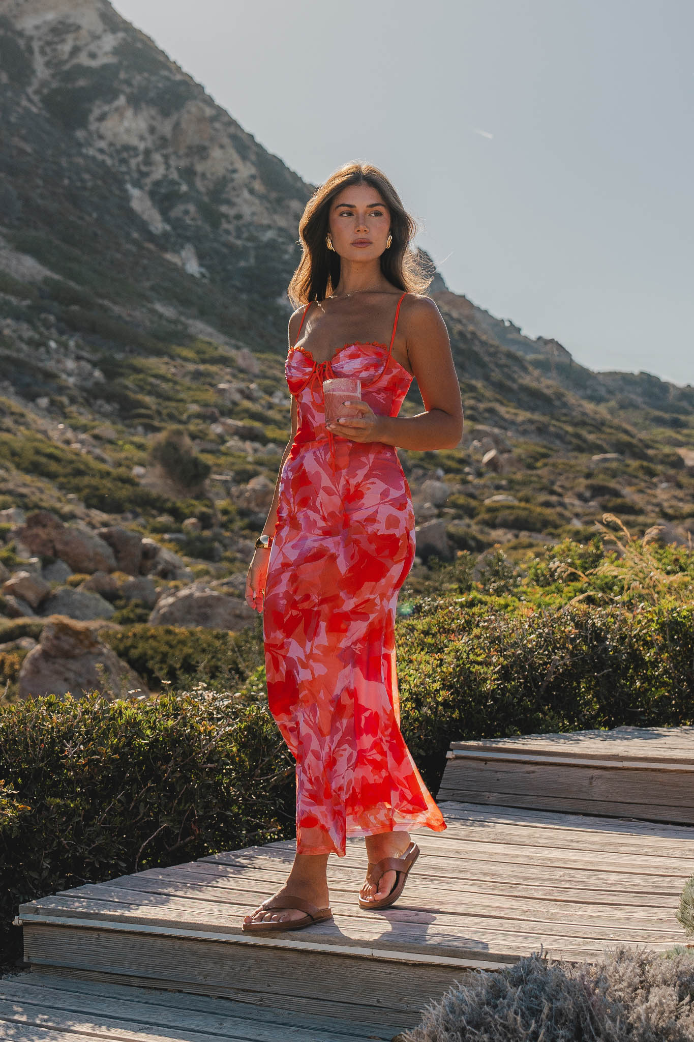 Fortune Lace Trim Mesh Midi Dress Orange - Image 2