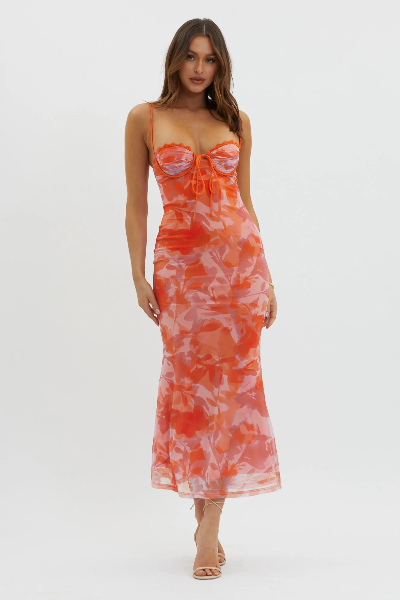 Fortune Lace Trim Mesh Midi Dress Orange - Image 6