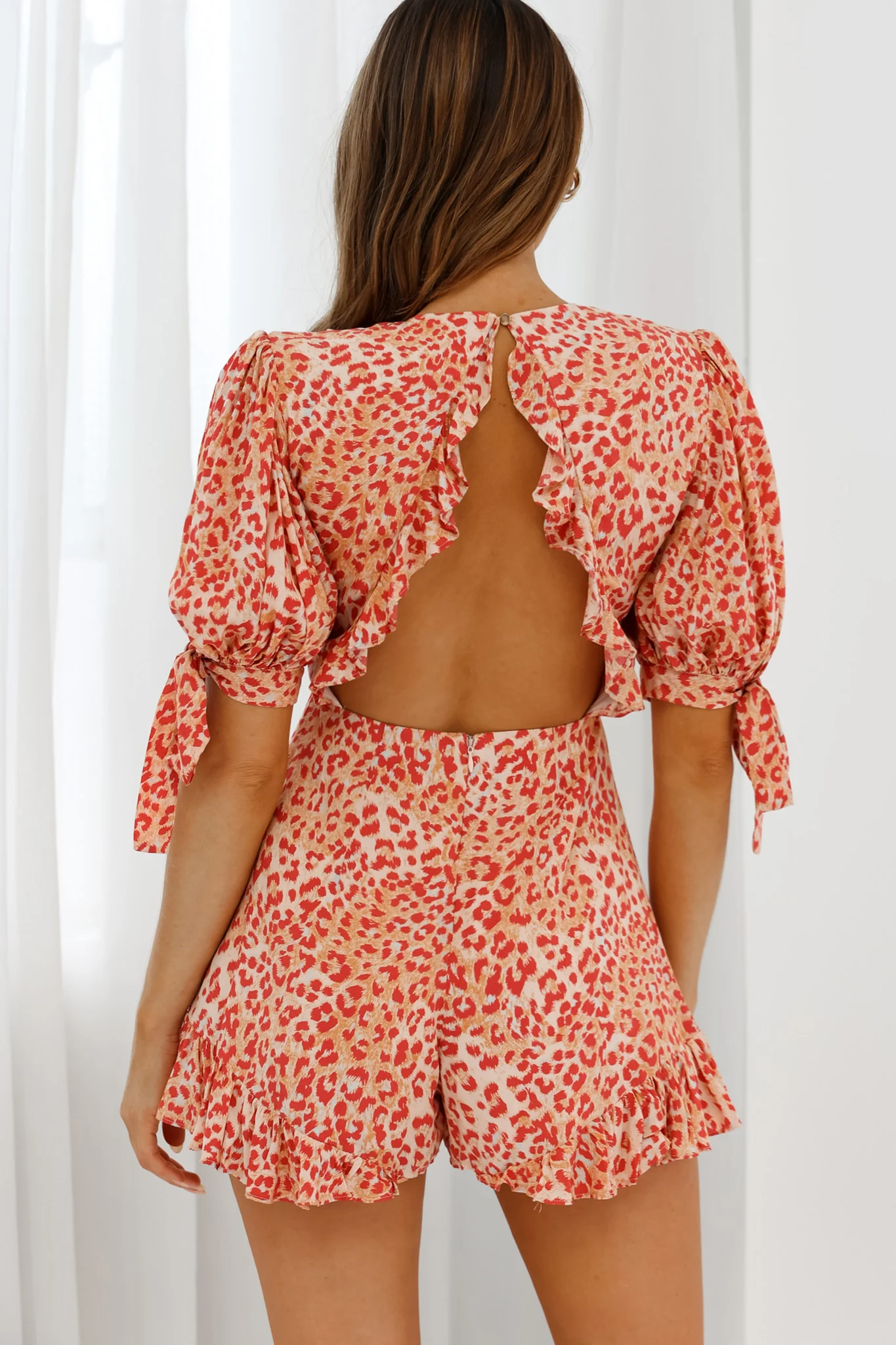 Francine Short Sleeve Tied Bust Romper Leopard Print Orange - Image 2