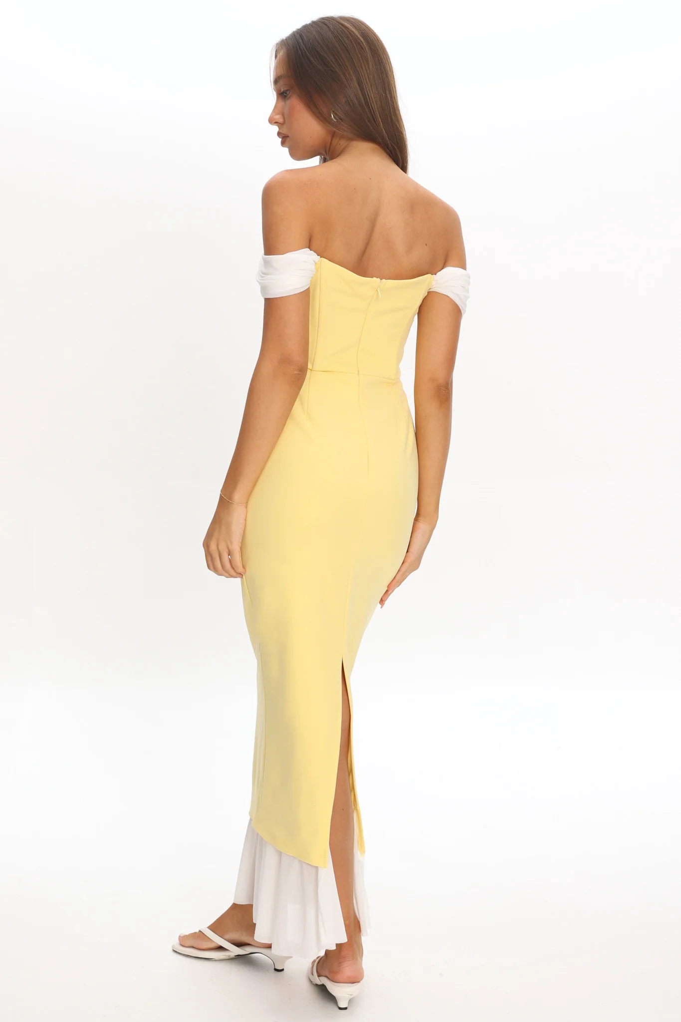 Freesia Off Shoulder Bodycon Midi Dress Lemon - Image 3