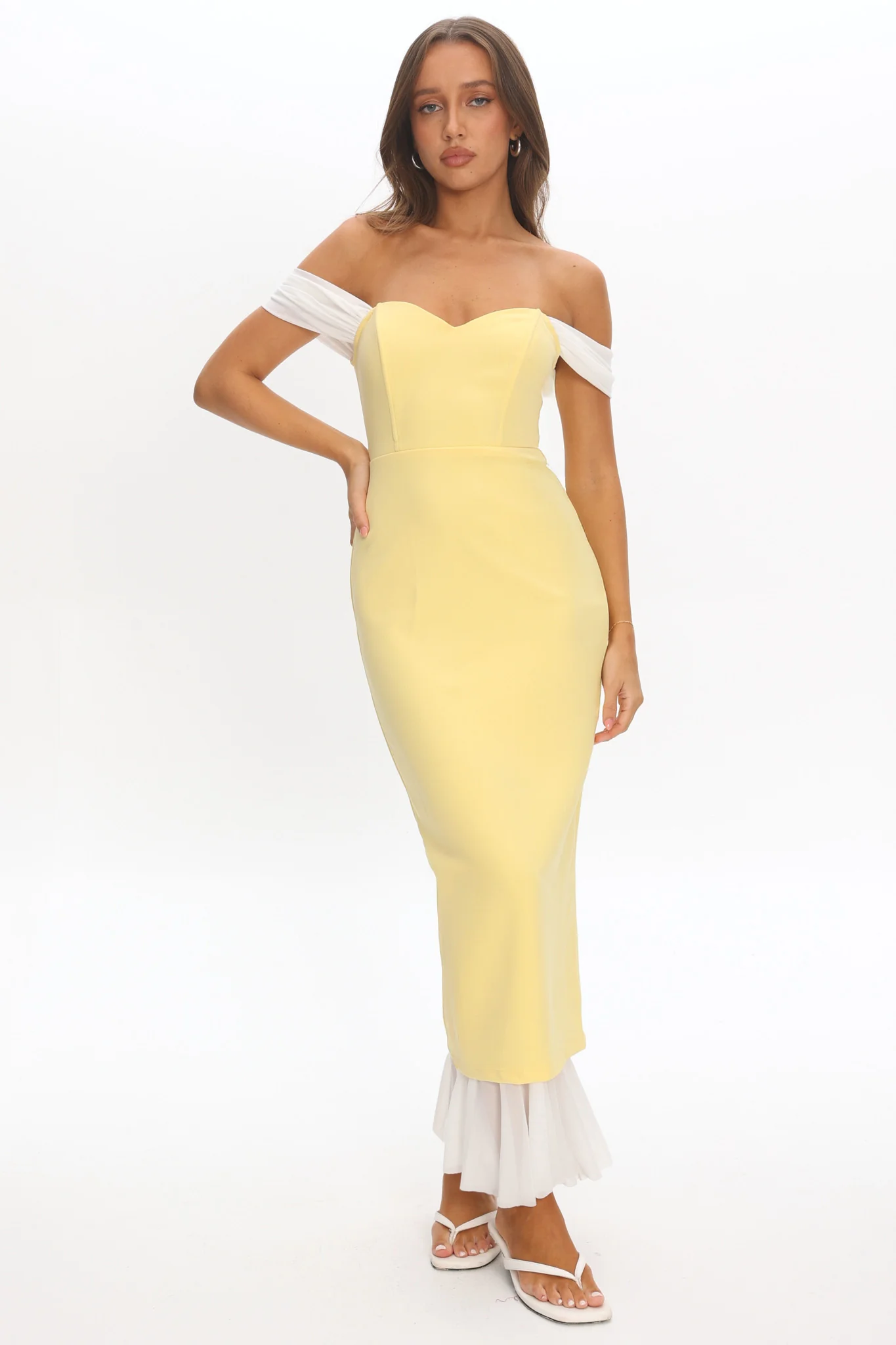 Freesia Off Shoulder Bodycon Midi Dress Lemon - Image 5