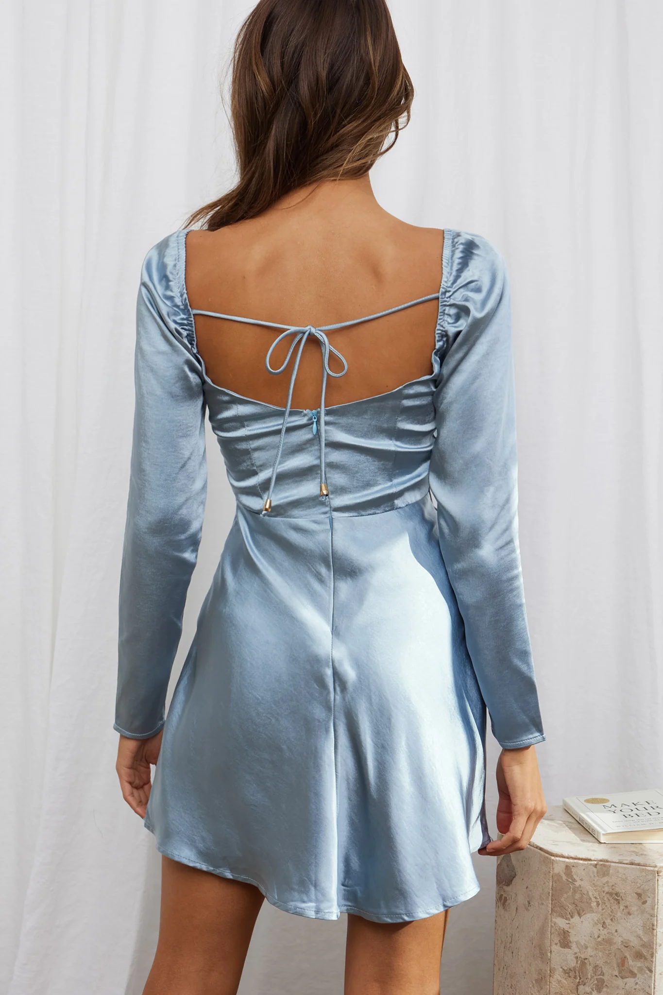 Freja Long Sleeve Cowl Neck Satin Mini Dress Sage - Image 2