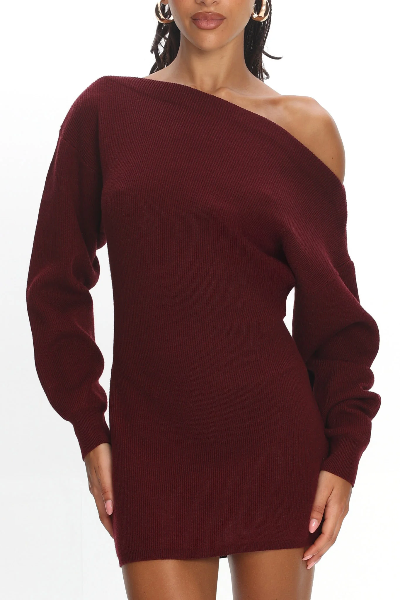 Fremont One-Shoulder Fuzzy Knit Mini Dress Wine - Image 4