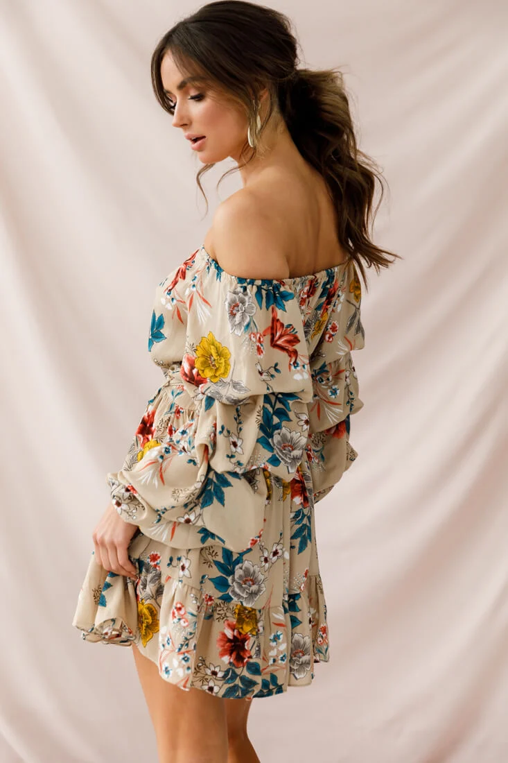 Frida Off-Shoulder Waist Tie Dress Beige - Image 3