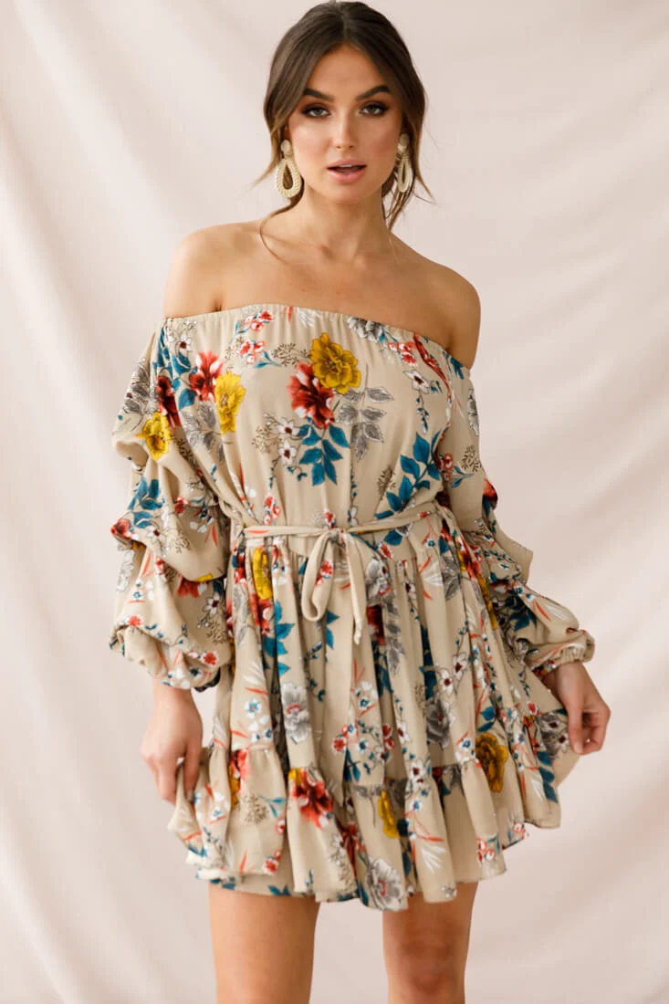 Frida Off-Shoulder Waist Tie Dress Beige - Image 5
