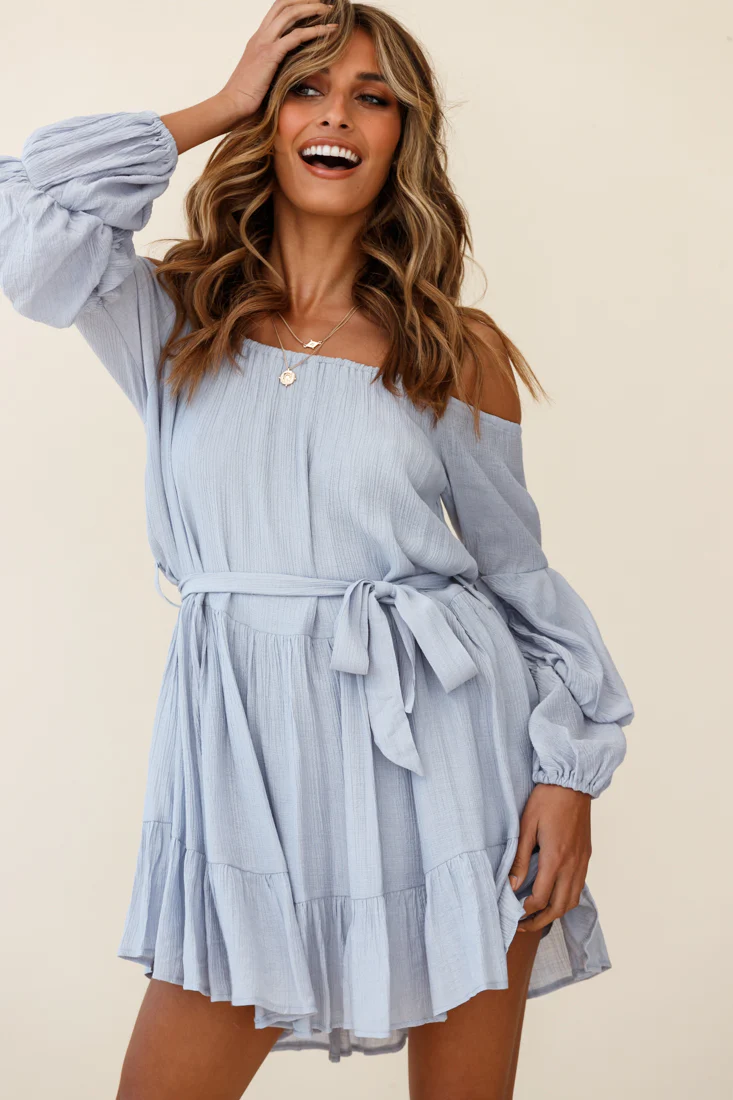 Frida Off-Shoulder Waist Tie Dress Grey - Image 6