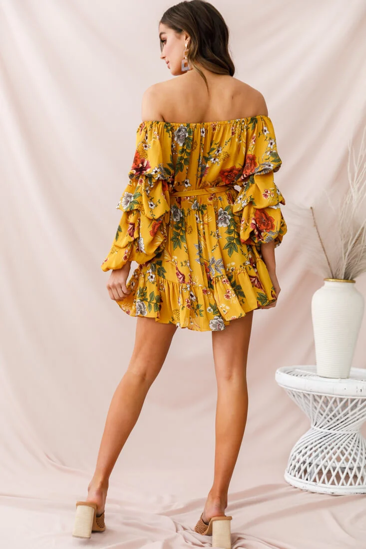 Frida Off-Shoulder Waist Tie Dress Yellow - Image 3