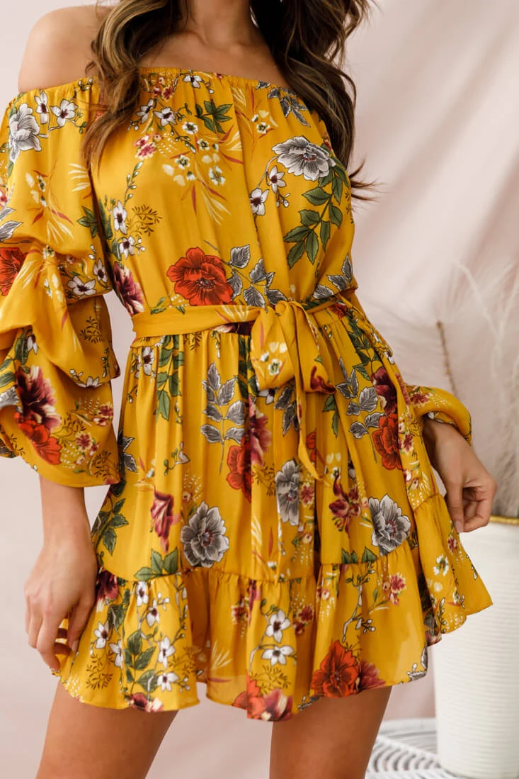 Frida Off-Shoulder Waist Tie Dress Yellow - Image 4
