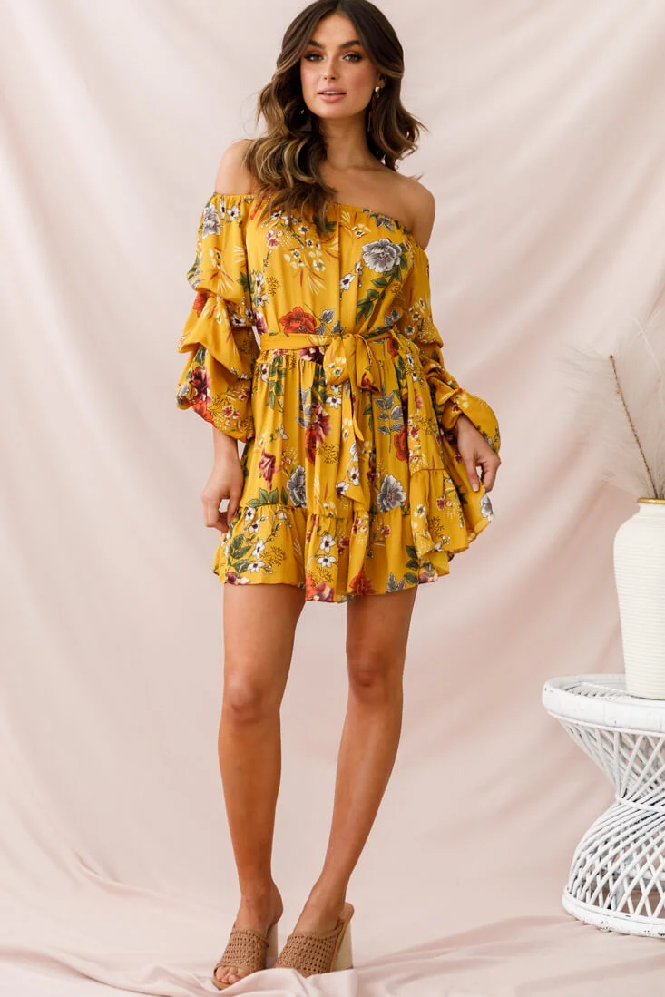 Frida Off-Shoulder Waist Tie Dress Yellow - Image 6
