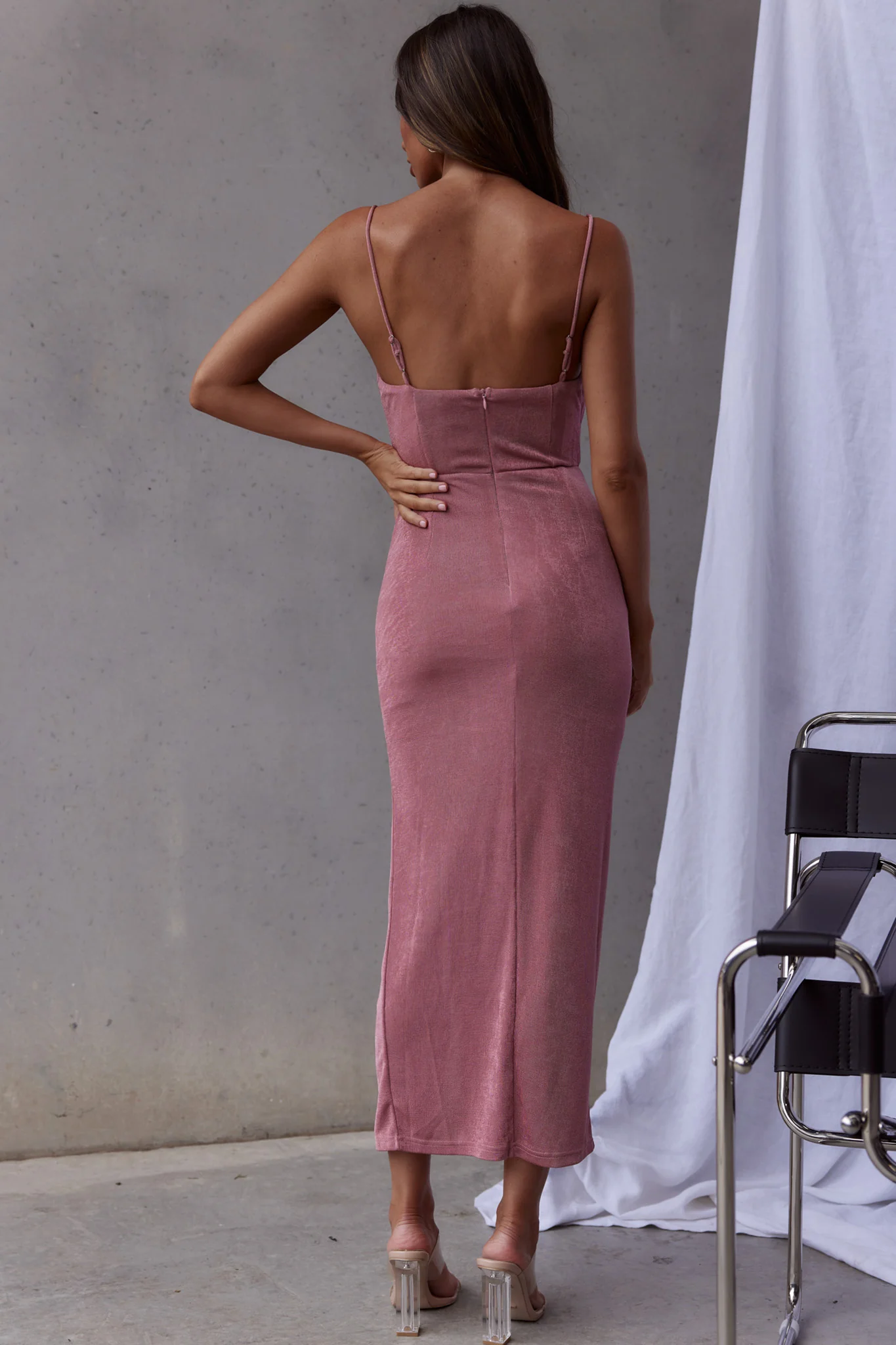 Frieda Cowl Neck Front Split Midi Dress Mauve - Image 2