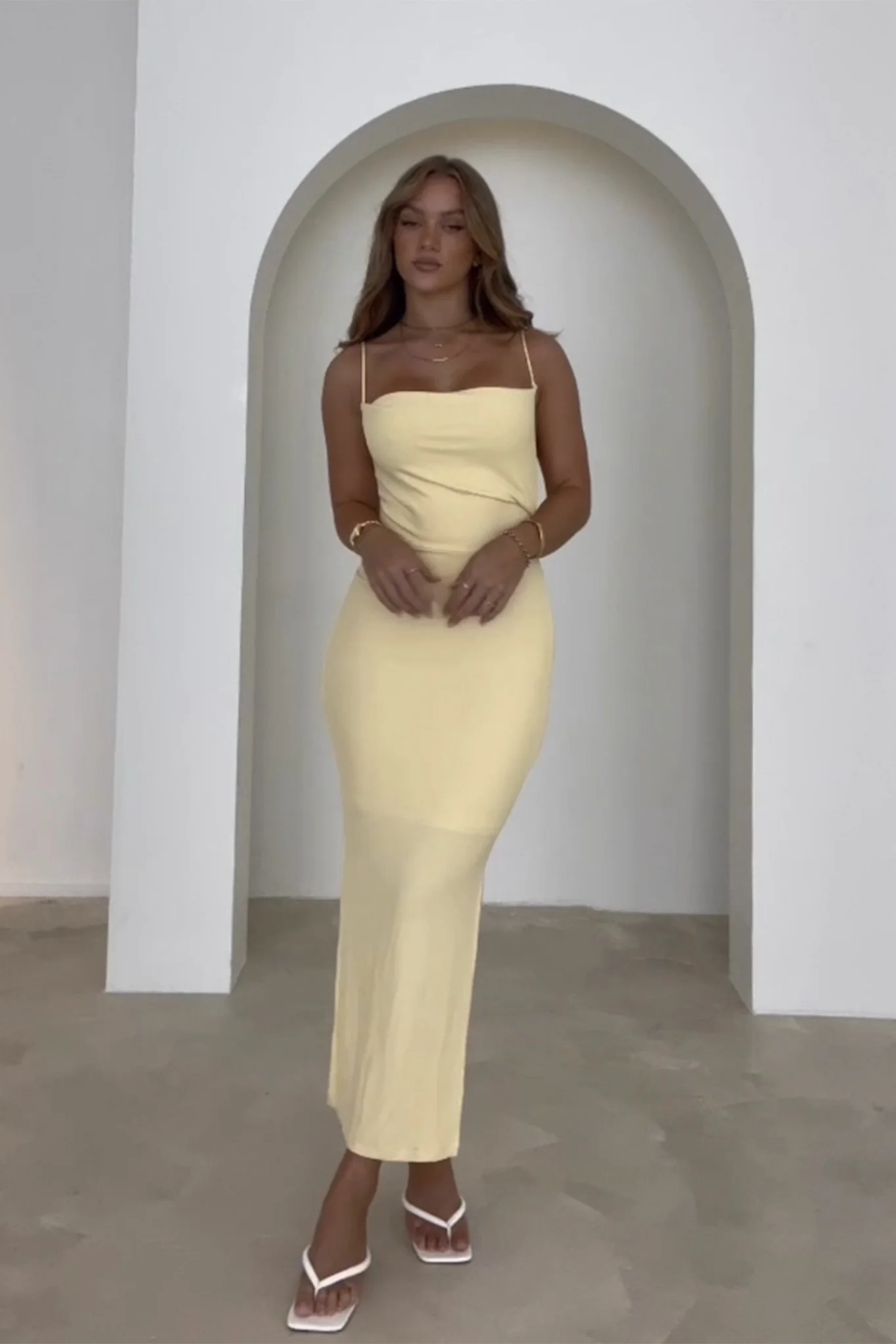 Frieda Cowl Neck Side Split Ribbed Midi Dress Yellow - Image 9