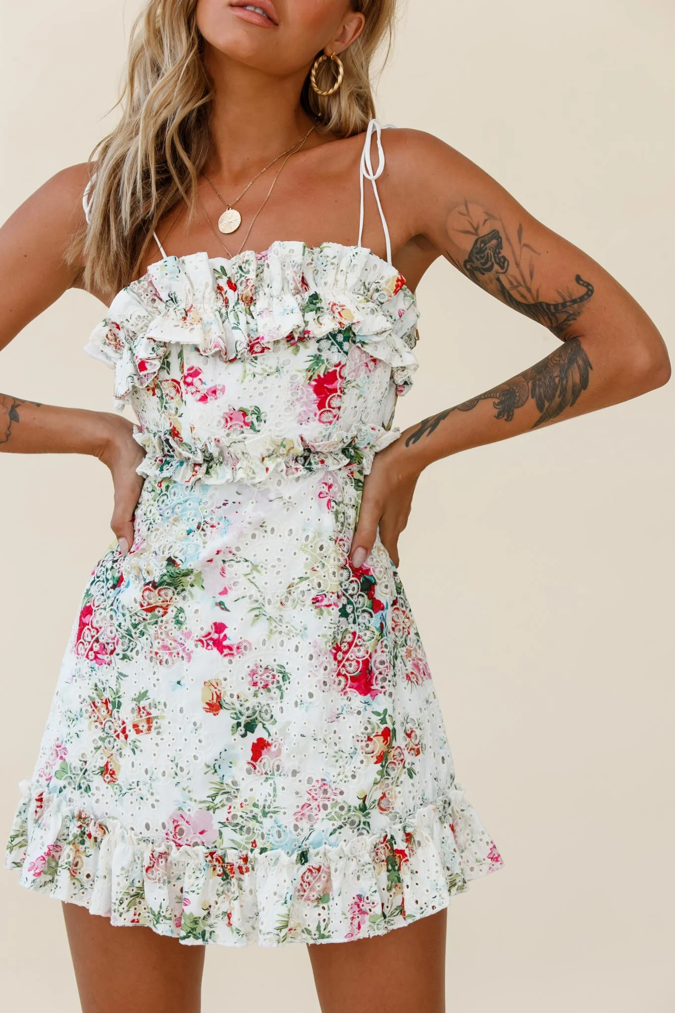 Frill Seeker Eyelet Embroidery Tied Back Dress Floral Print Multi - Image 4