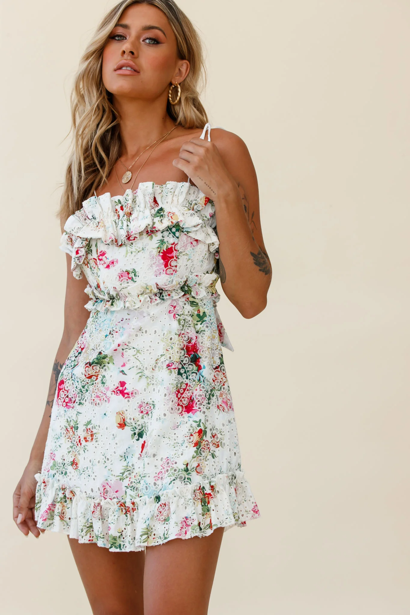 Frill Seeker Eyelet Embroidery Tied Back Dress Floral Print Multi - Image 5