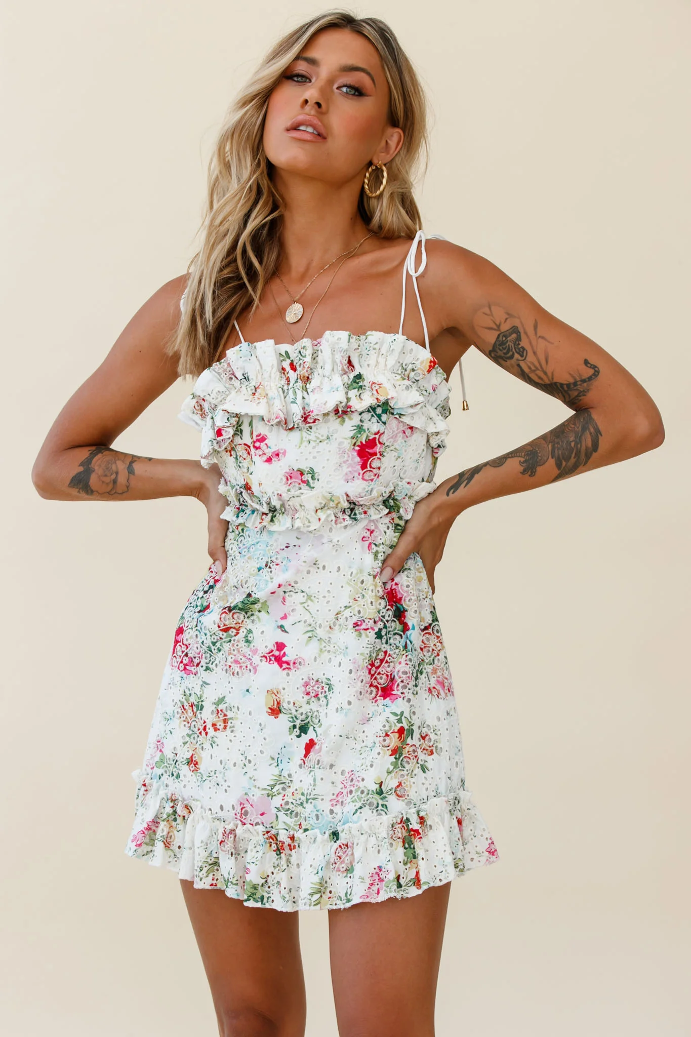 Frill Seeker Eyelet Embroidery Tied Back Dress Floral Print Multi - Image 6