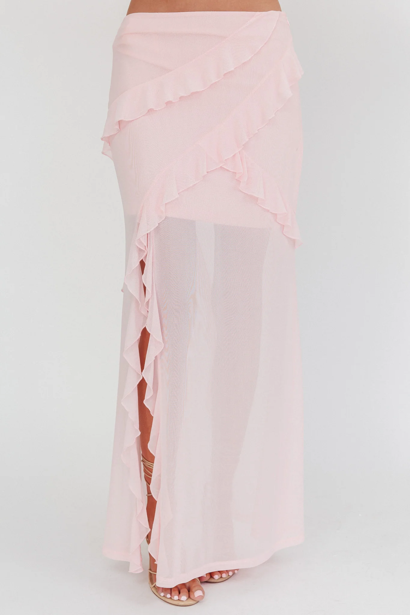 Frosted Sugar Ruffle Trim Split Midi Skirt Pink - Image 5